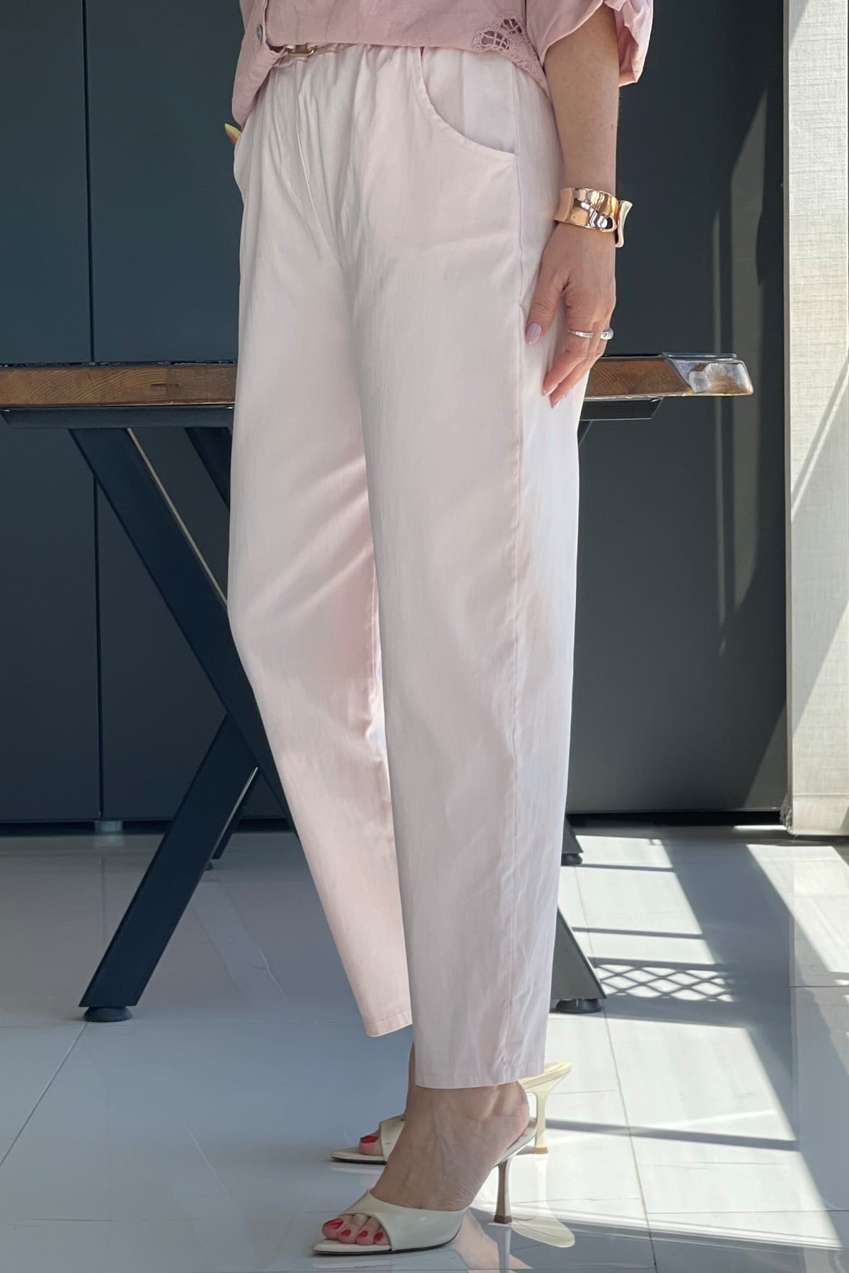 İthal Gabardin Bel Lastik Pudra Pantolon