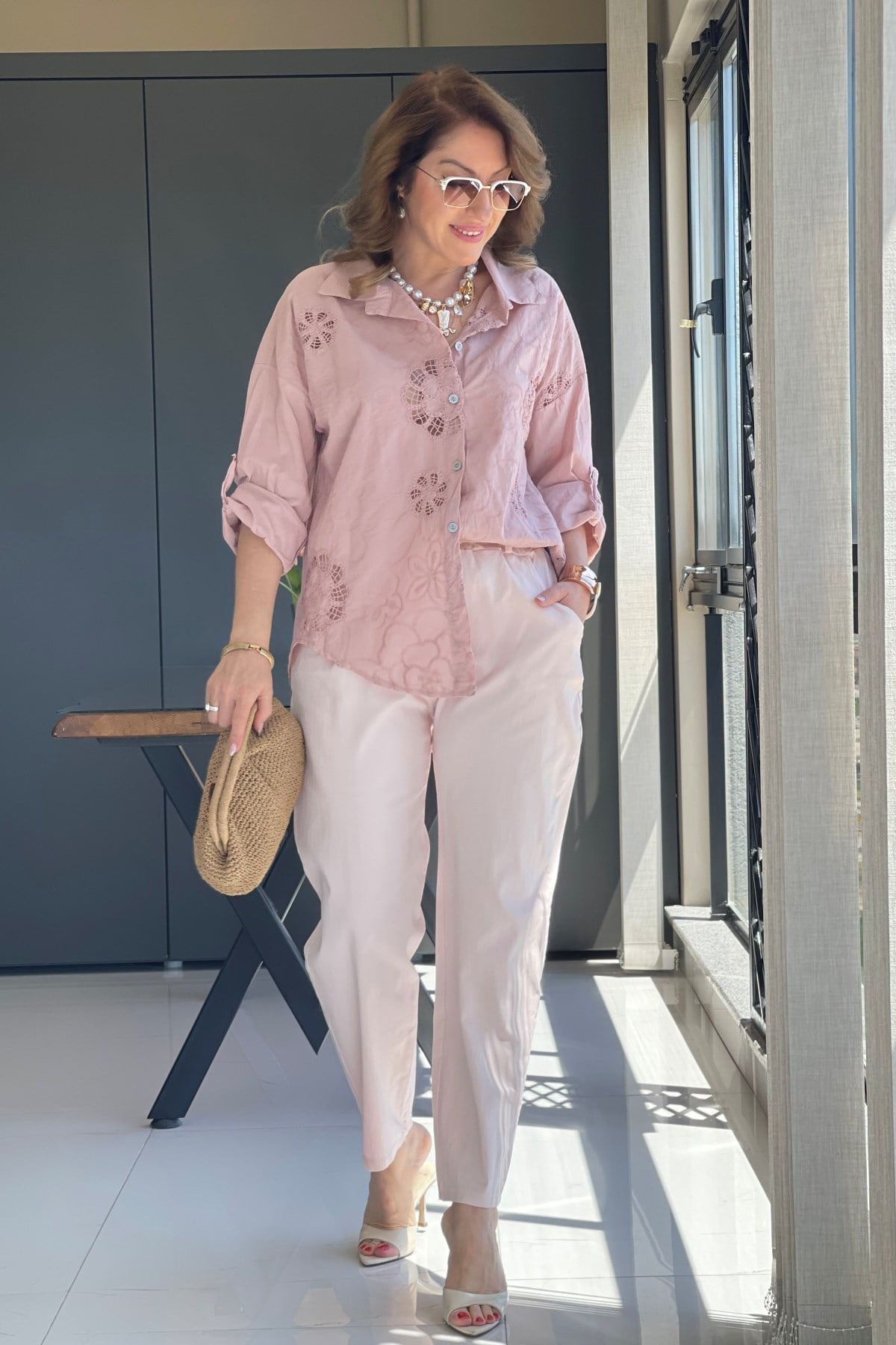 İthal Gabardin Bel Lastik Pudra Pantolon