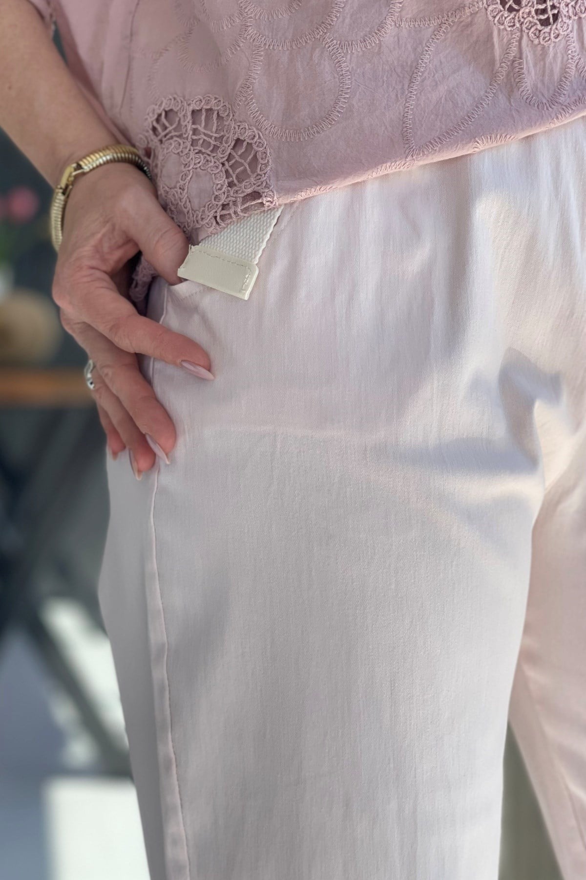 İthal Gabardin Bel Lastik Pudra Pantolon