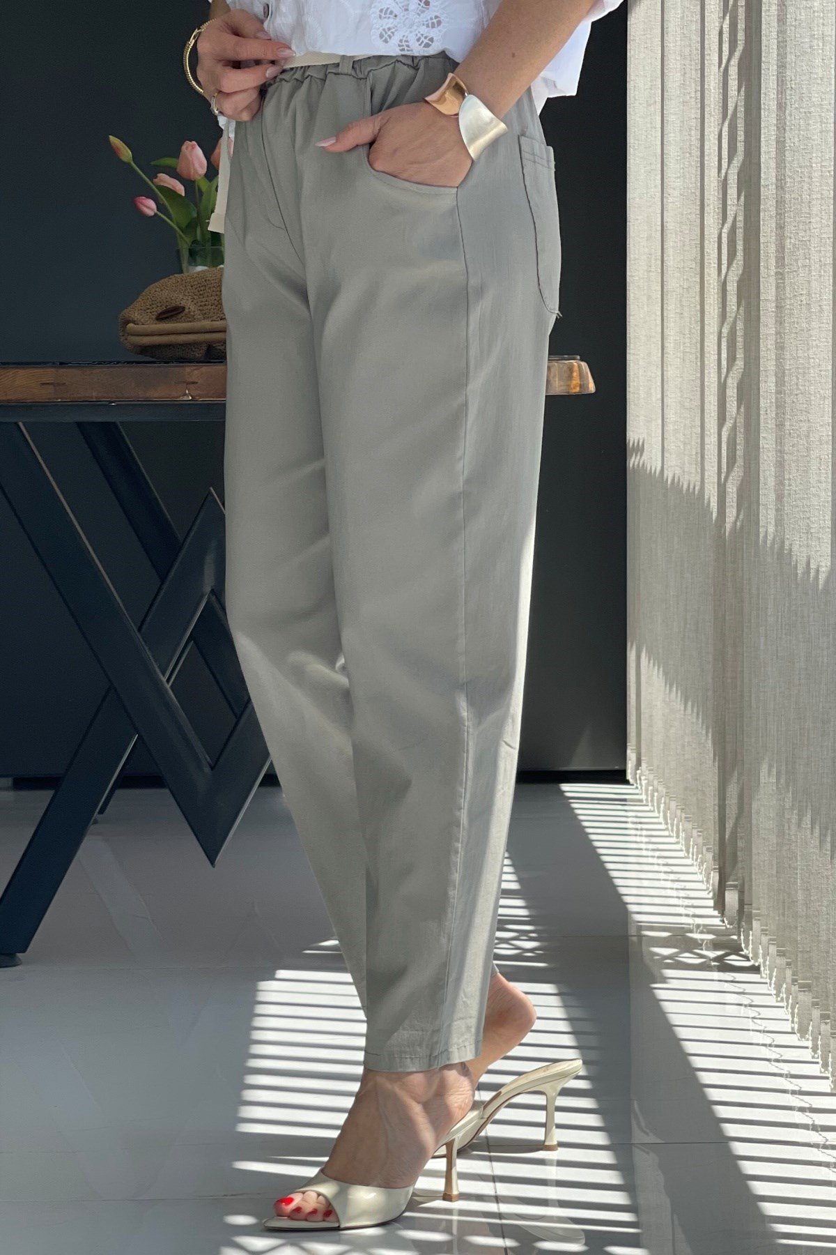 İthal Gabardin Bel Lastik Taş Rengi Pantolon