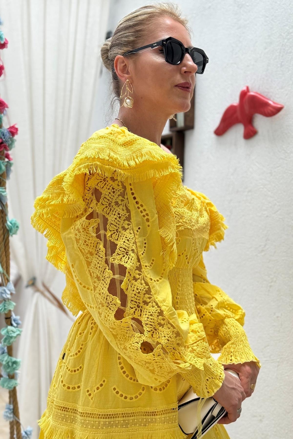 İthal Güpür Sarı Elbise