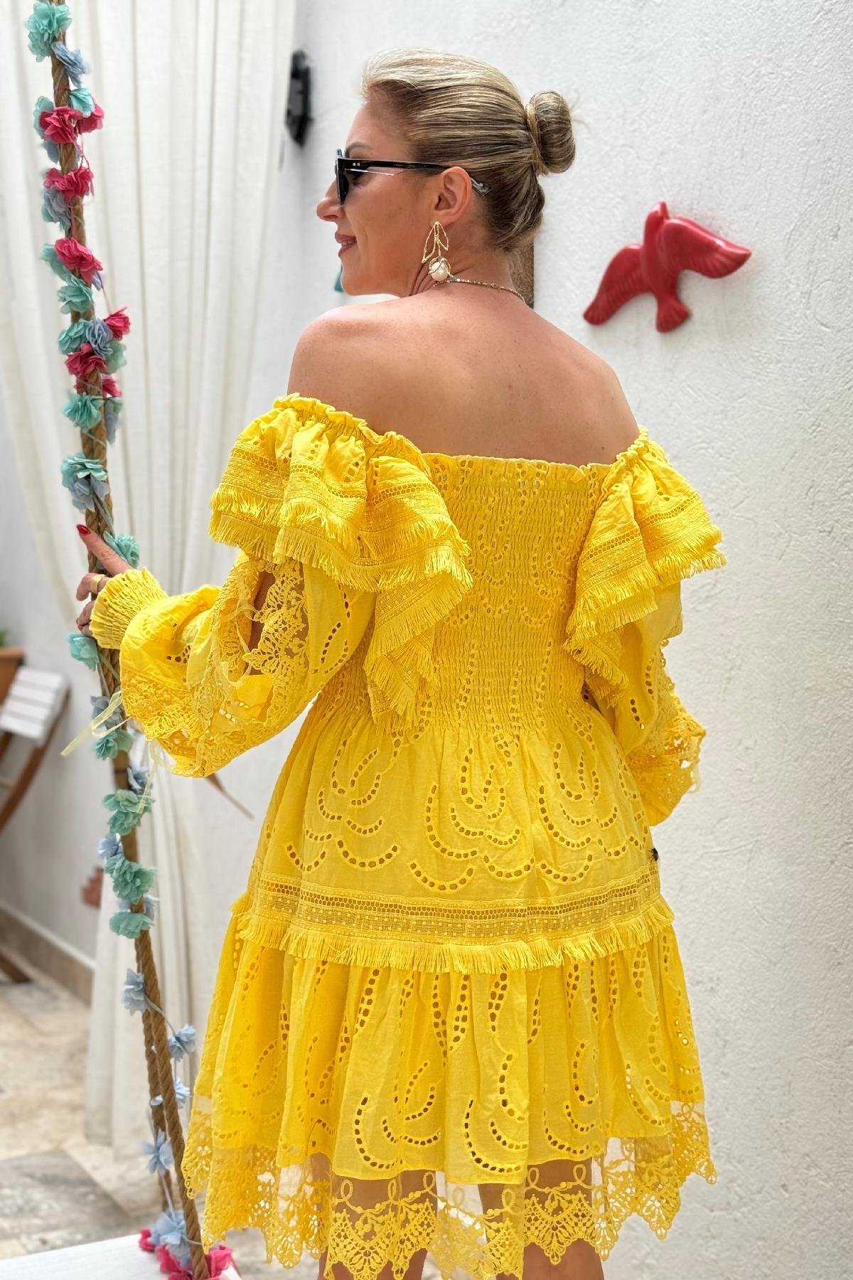 İthal Güpür Sarı Elbise