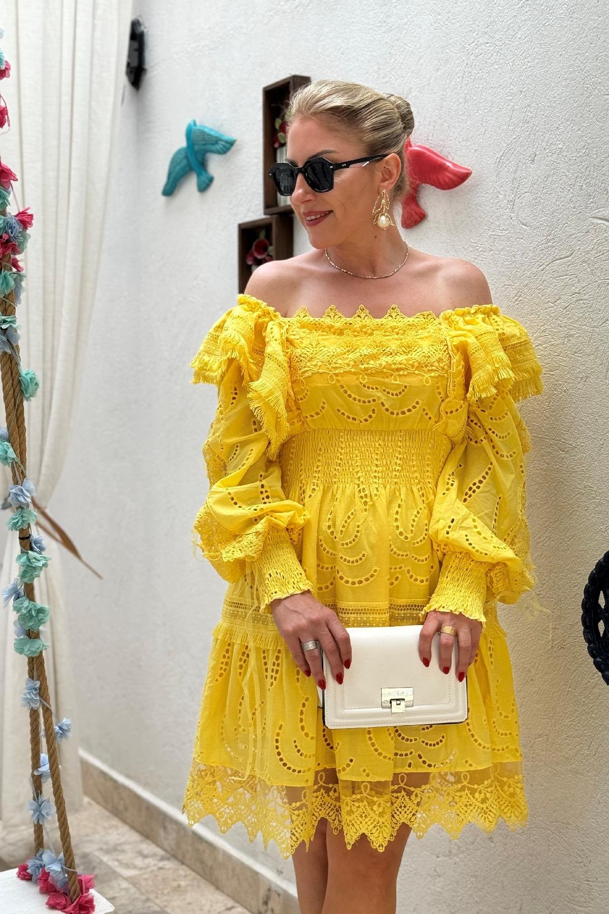 İthal Güpür Sarı Elbise