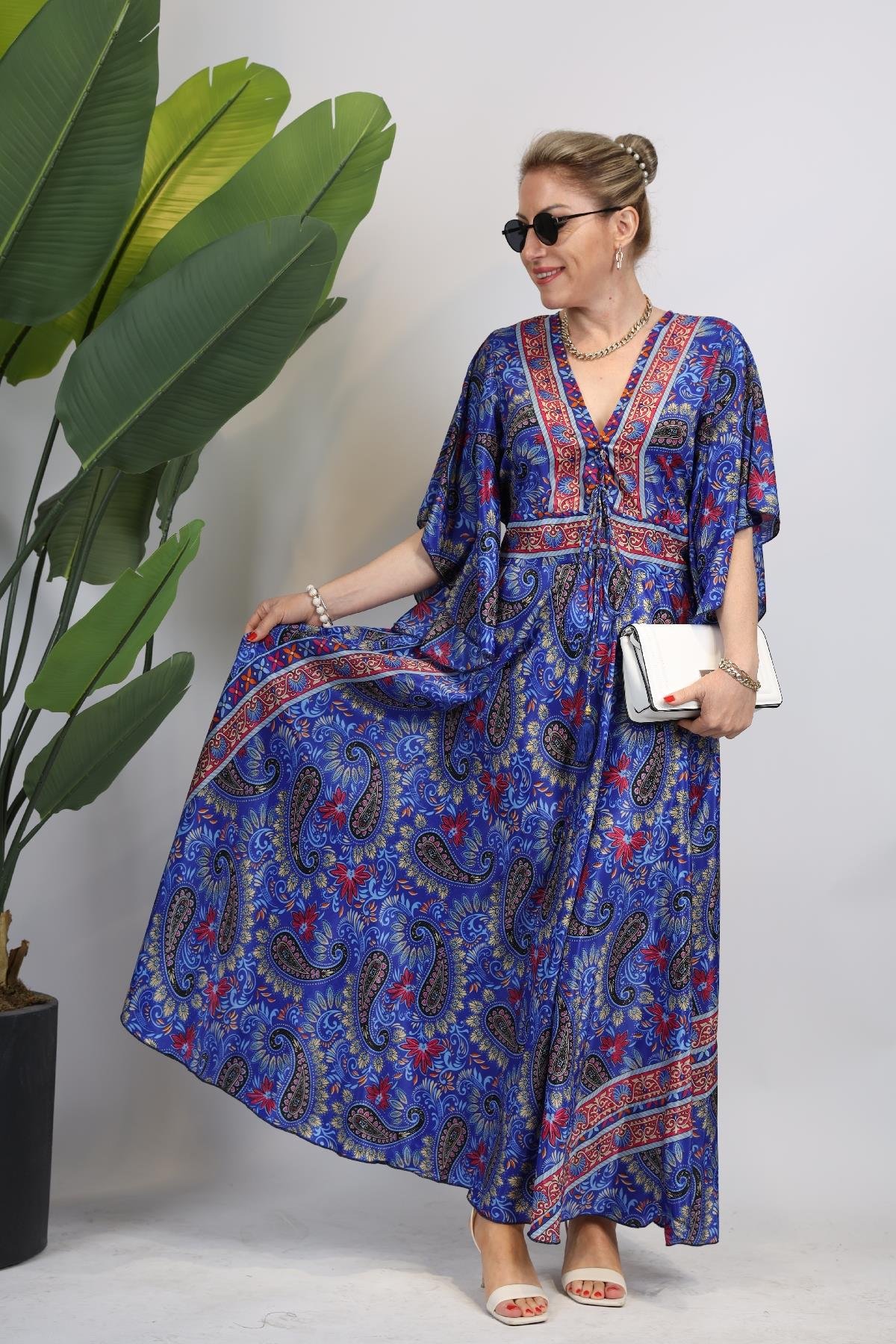 İthal Hint İpek V Yaka Elbise