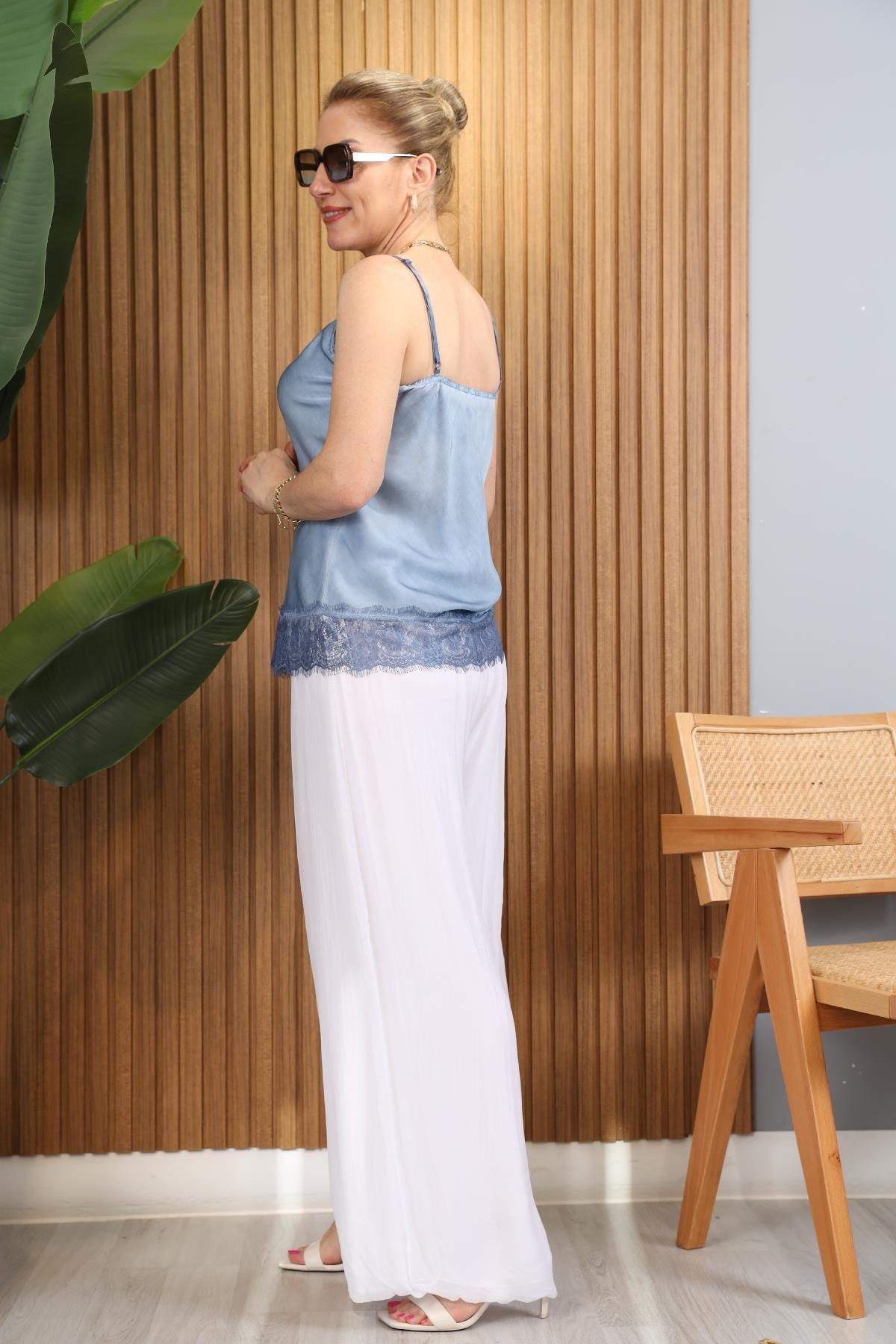 İthal İnce Askılı Dantelli Lacivert Bluz