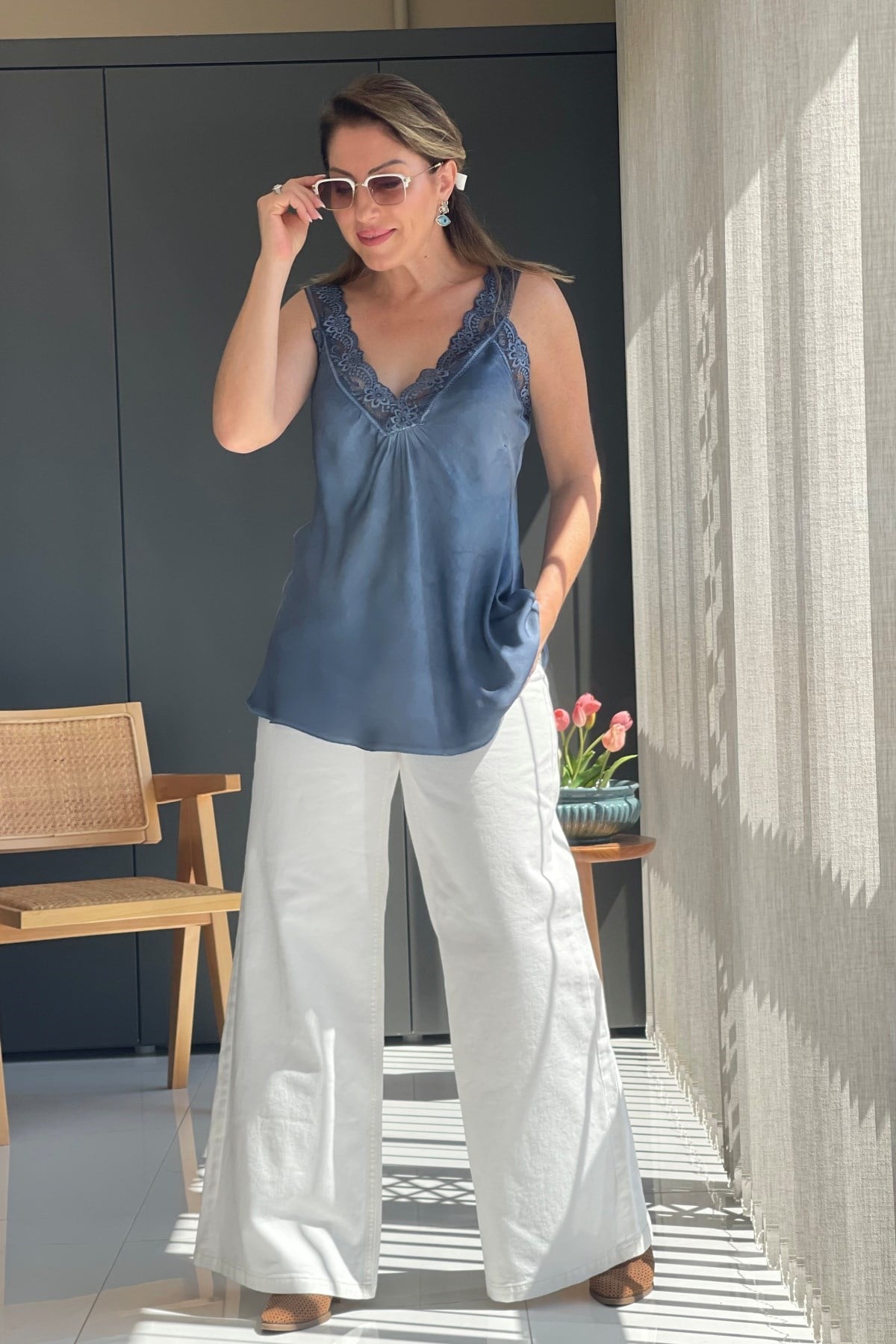 İthal İpek Dantel Askı Lacivert Bluz