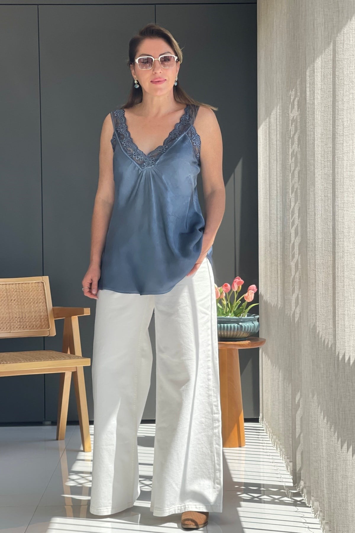 İthal İpek Dantel Askı Lacivert Bluz