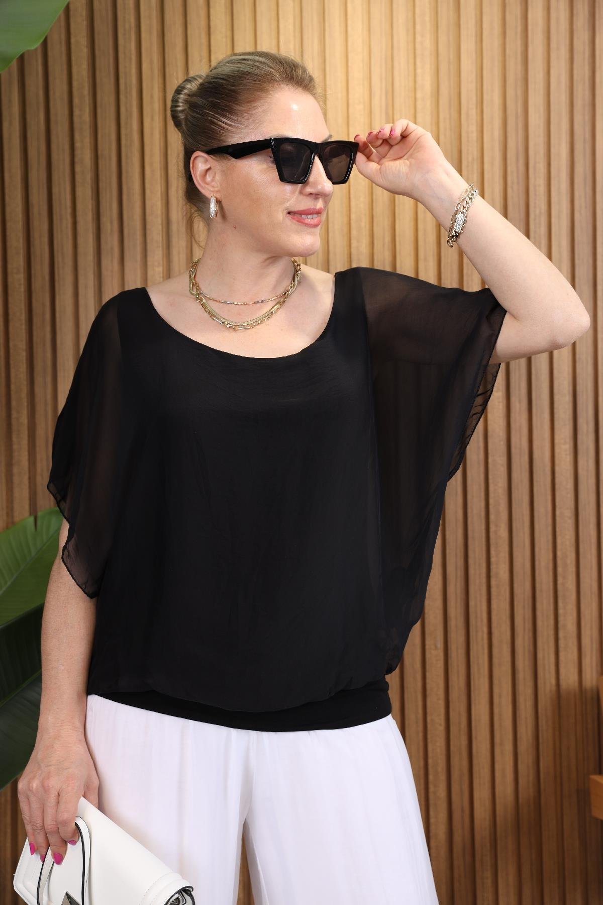İthal İpek Düz Desen Siyah Bluz