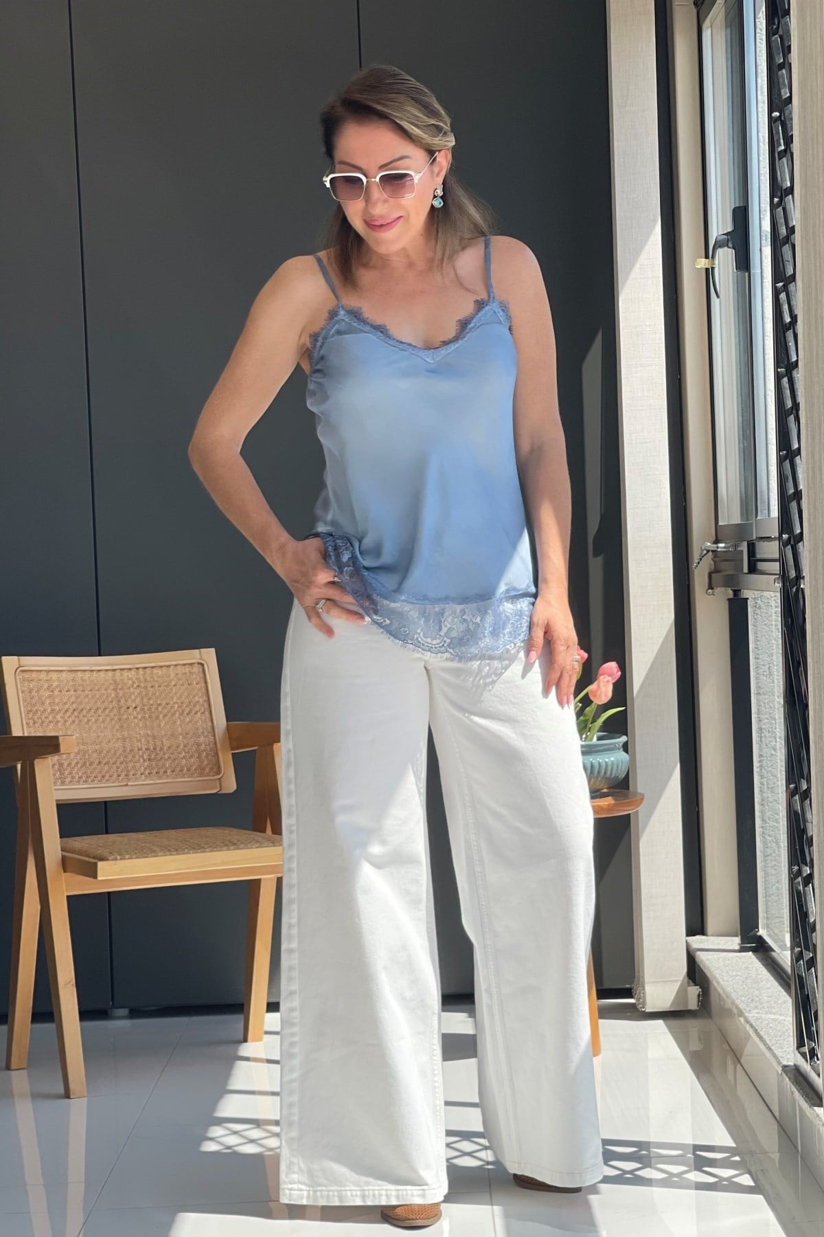 İthal İpek İp Askı İndigo Bluz
