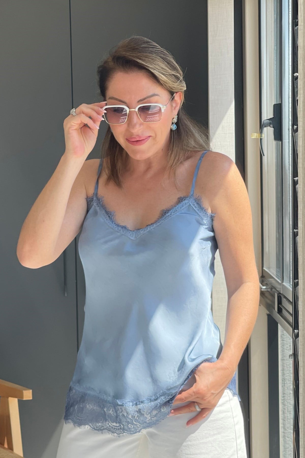 İthal İpek İp Askı İndigo Bluz