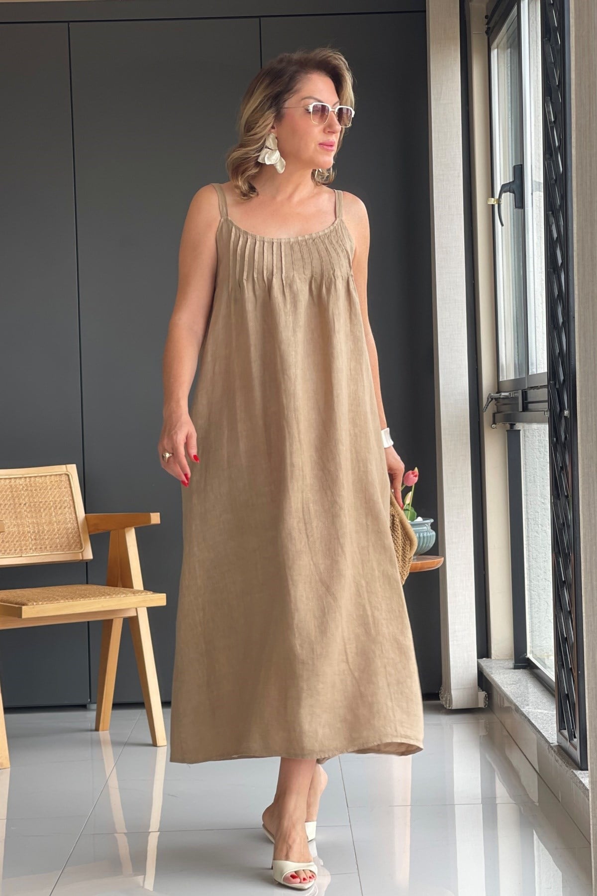 İthal Keten Askı Detay Cappuccıno Elbise