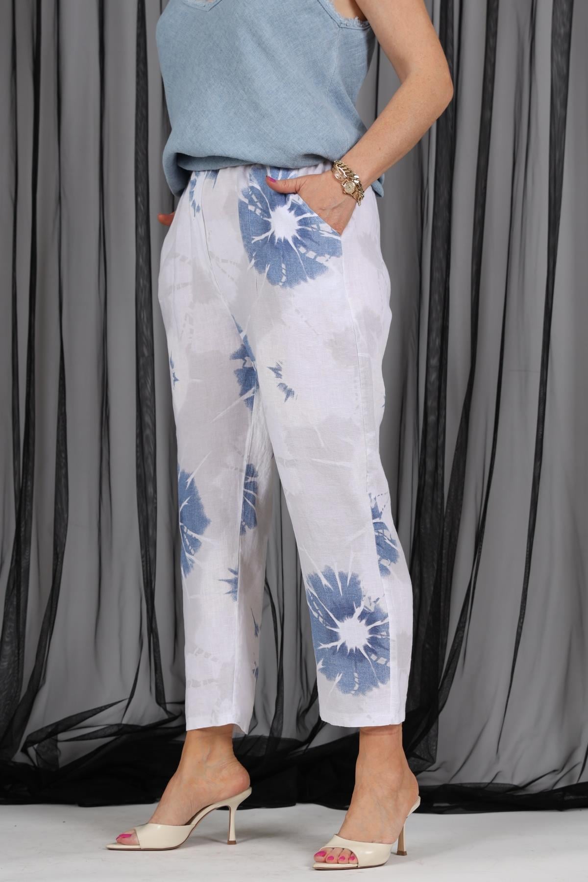 İthal Keten Batik Desen Beyaz Pantolon