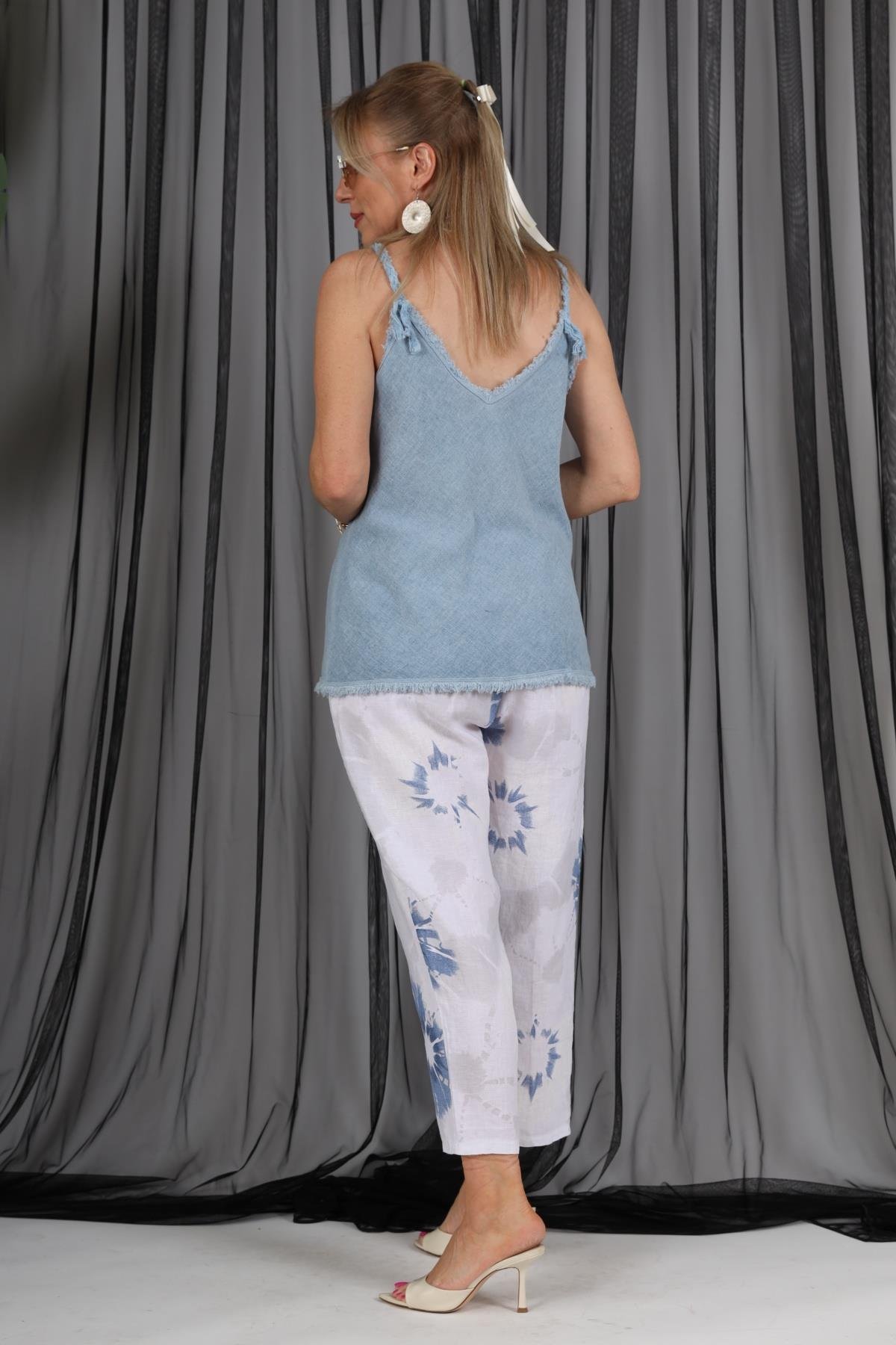 İthal Keten Batik Desen Beyaz Pantolon