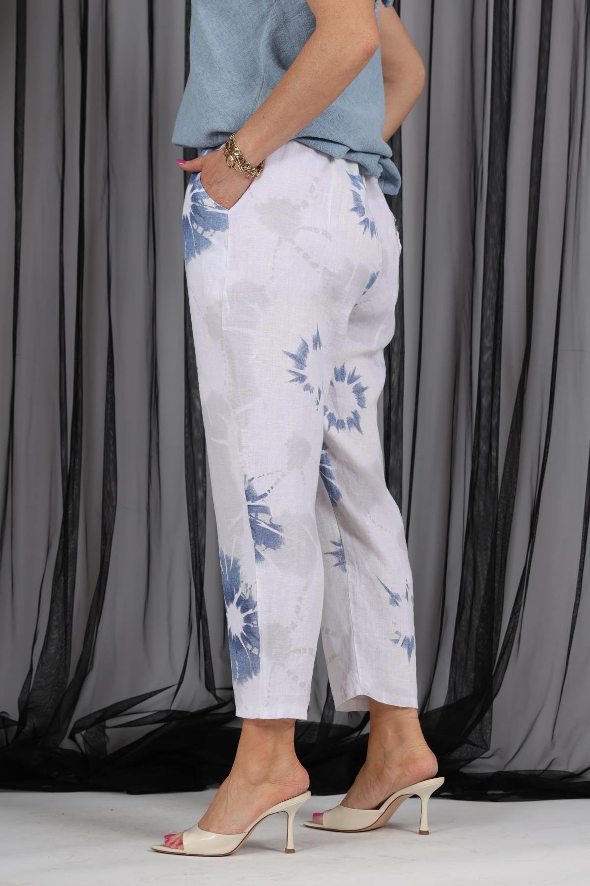 İthal Keten Batik Desen Beyaz Pantolon
