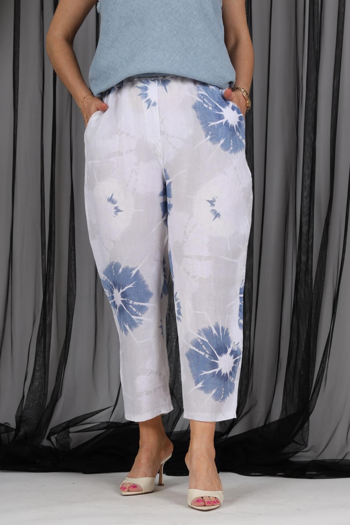 İthal Keten Batik Desen Beyaz Pantolon
