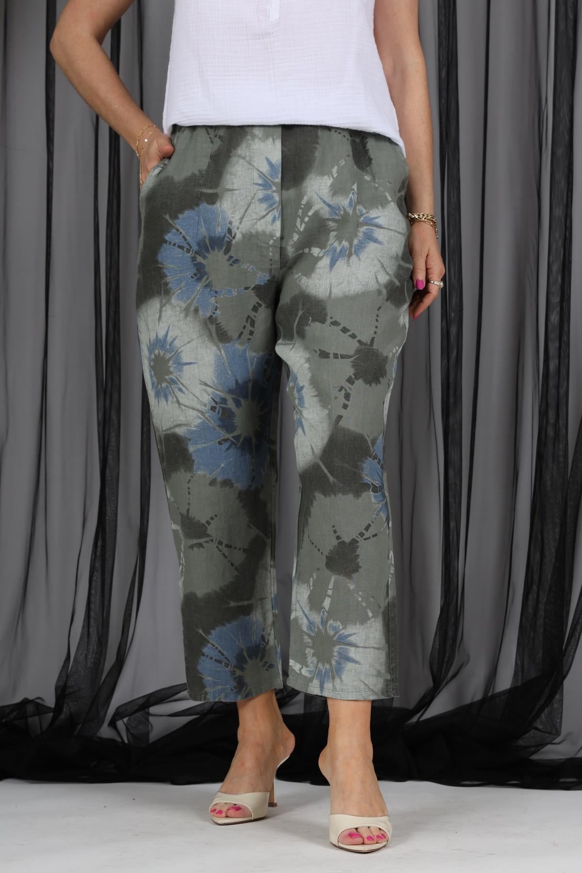 İthal Keten Batik Desen Haki Pantolon