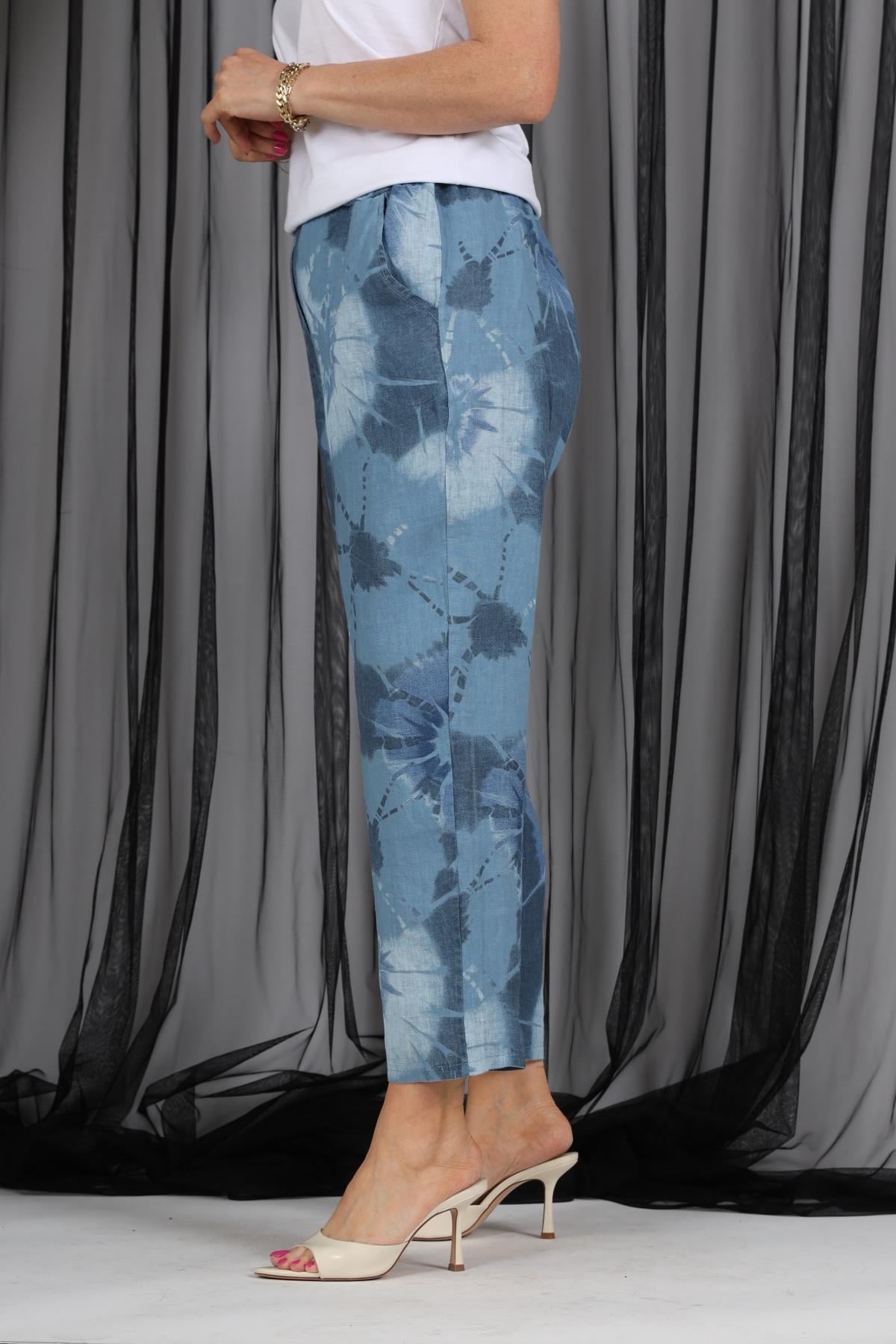 İthal Keten Batik Desen İndigo Pantolon