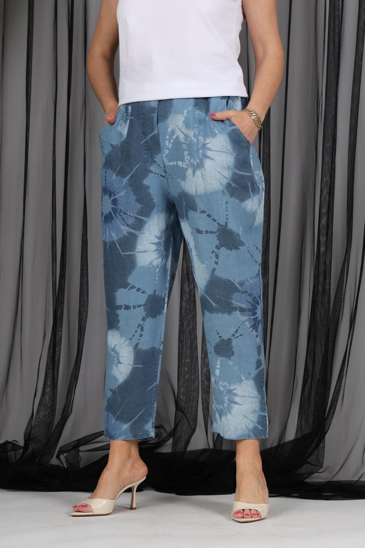 İthal Keten Batik Desen İndigo Pantolon