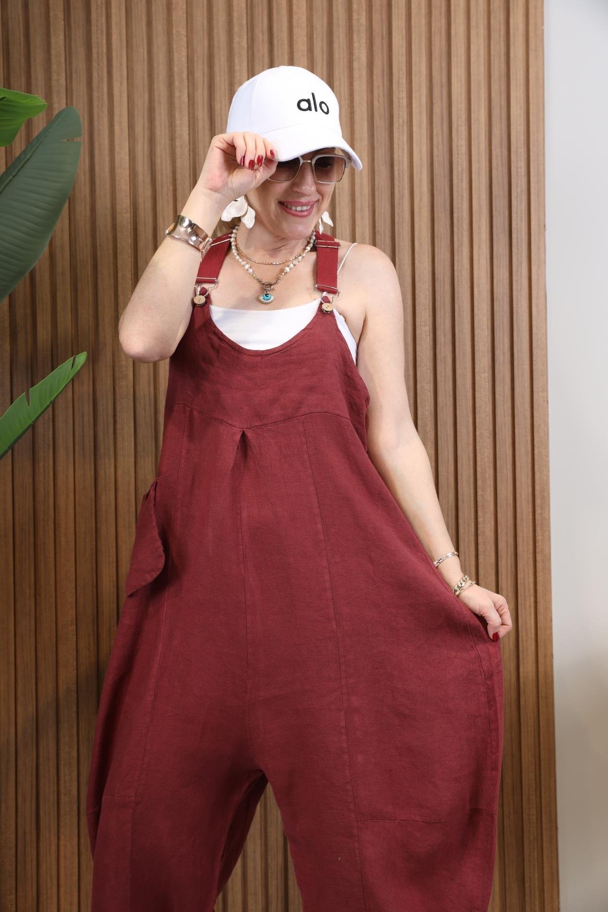 İthal Keten Bordo Tulum