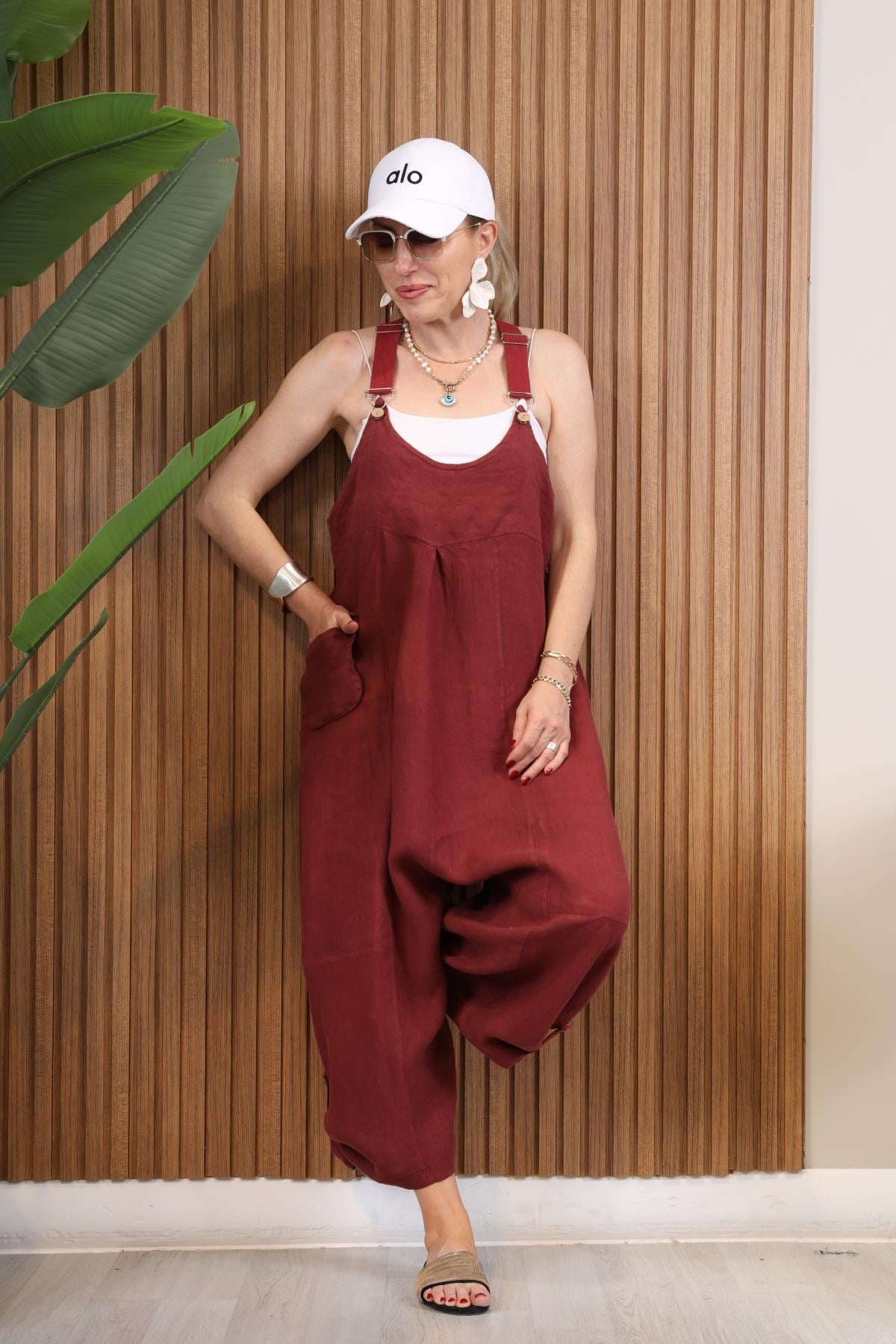 İthal Keten Bordo Tulum