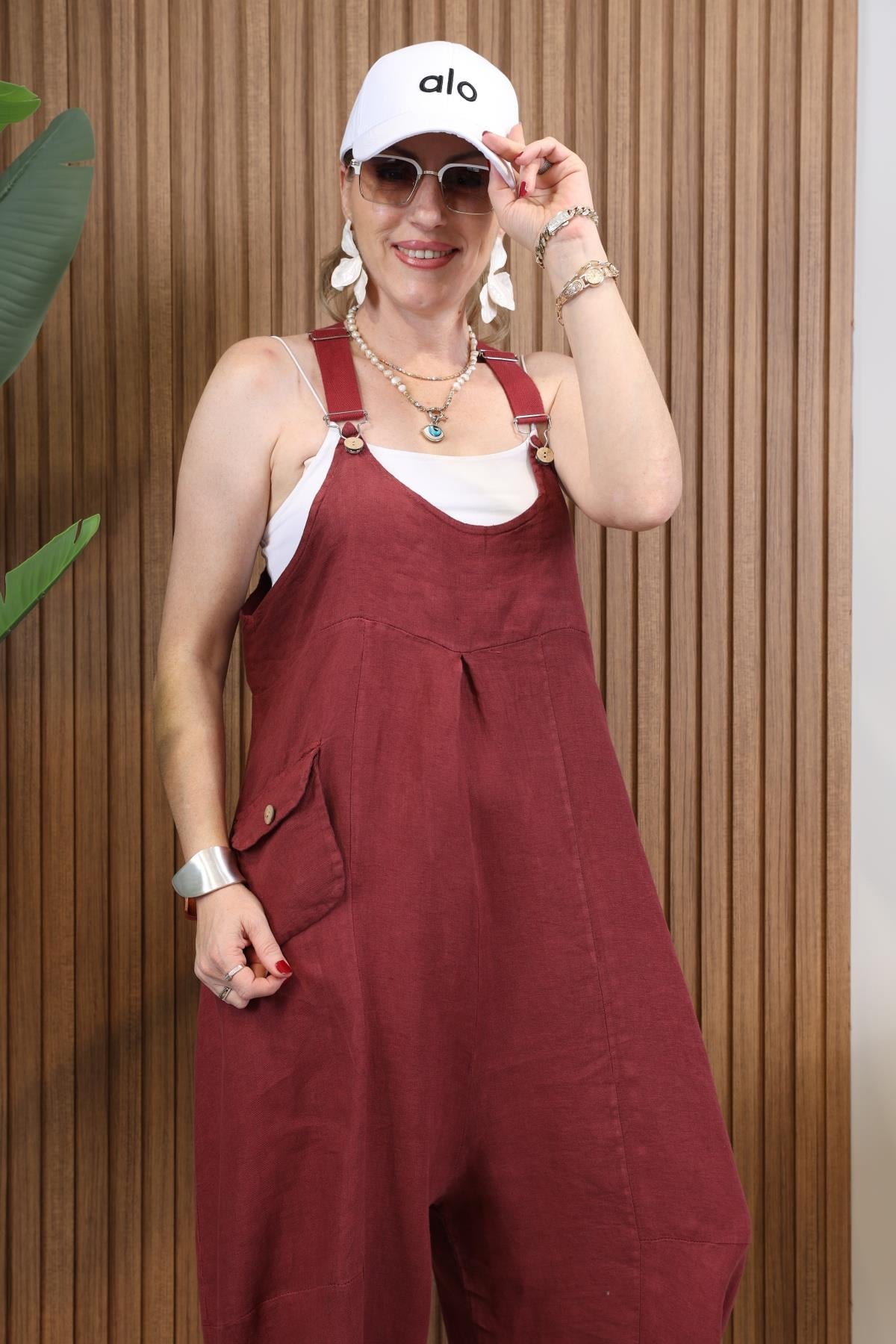 İthal Keten Bordo Tulum