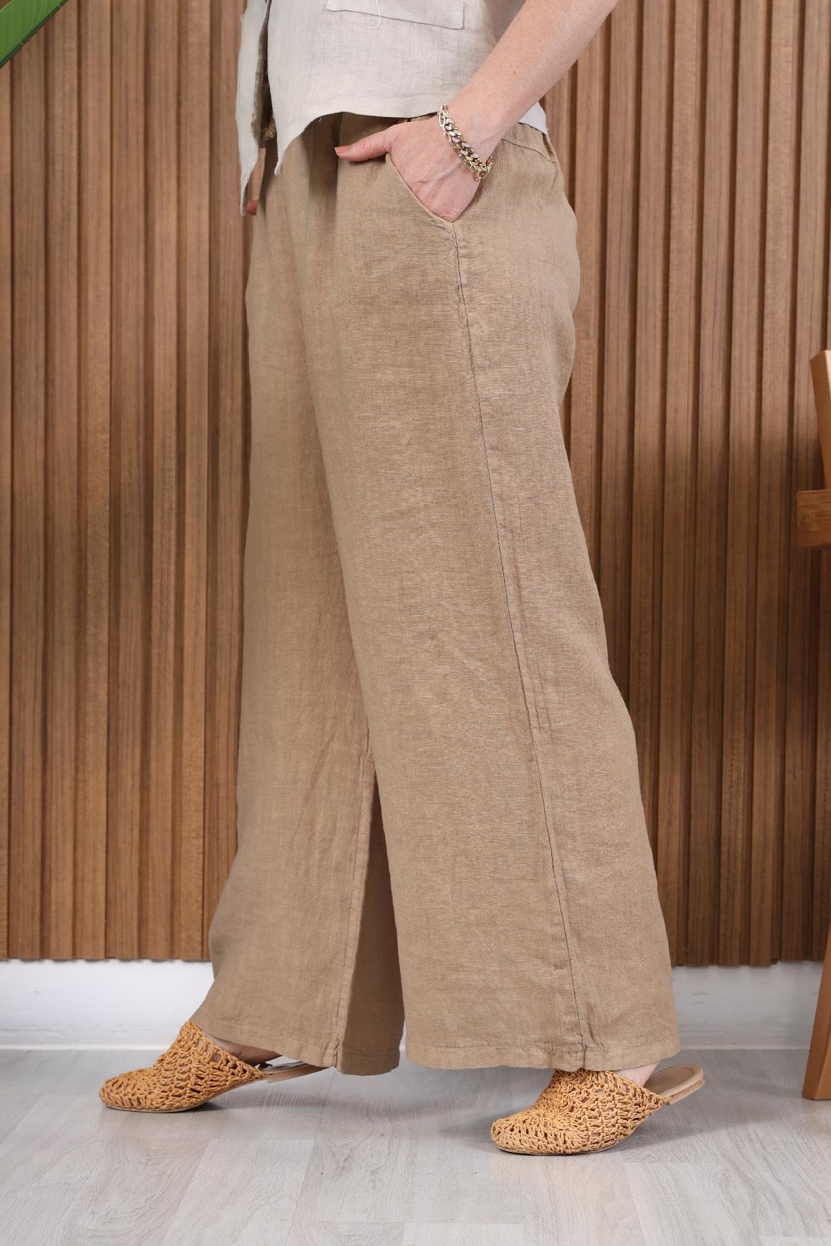 İthal Keten Camel Palazzo Pantolon