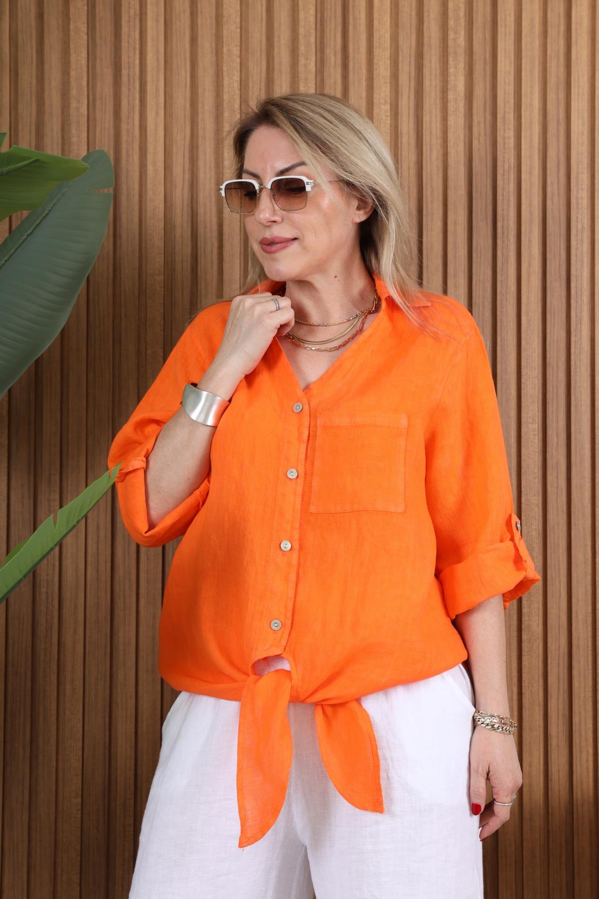 İthal Keten Dantel Detay Bağlamalı Orange Gömlek