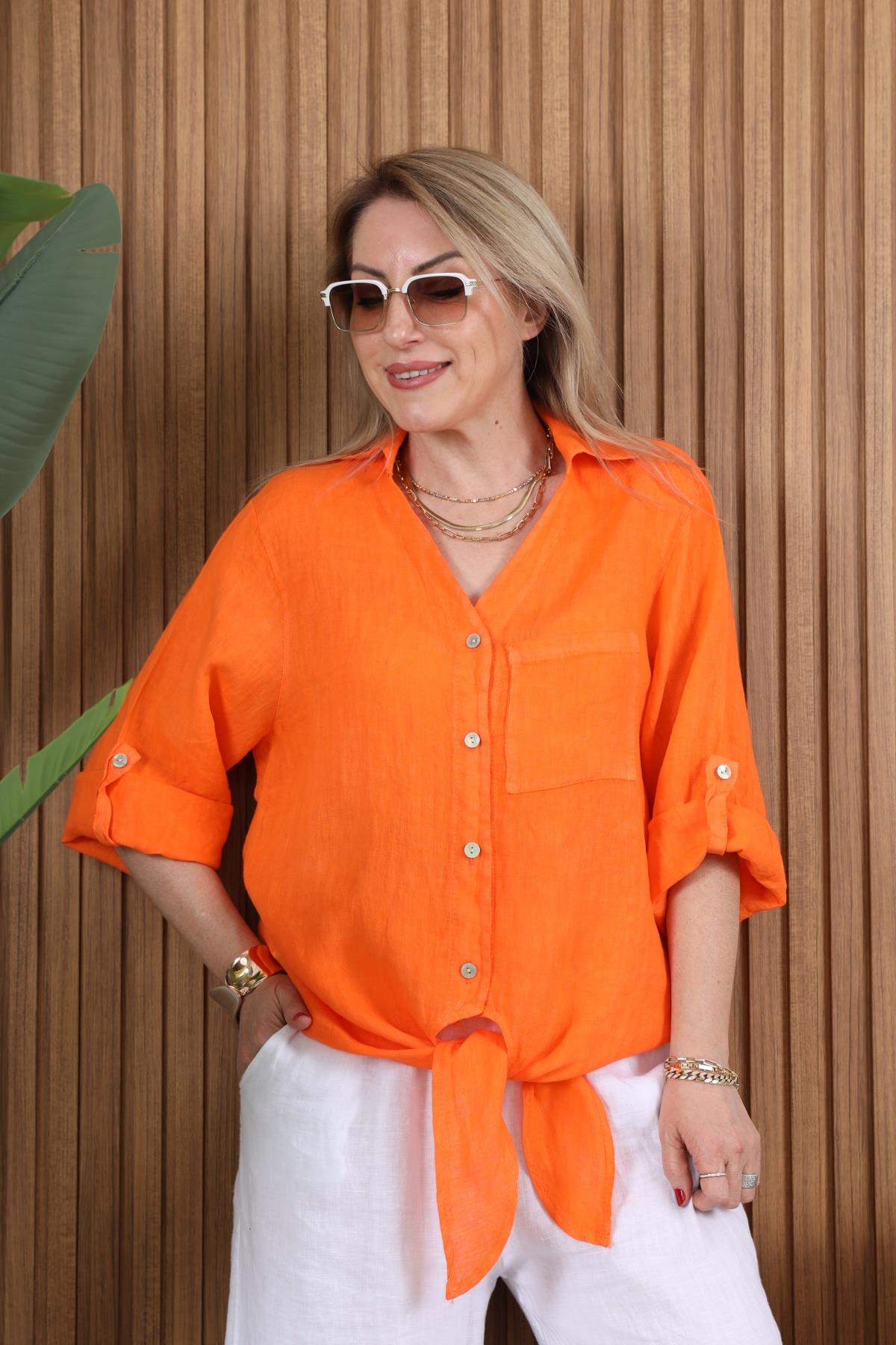 İthal Keten Dantel Detay Bağlamalı Orange Gömlek