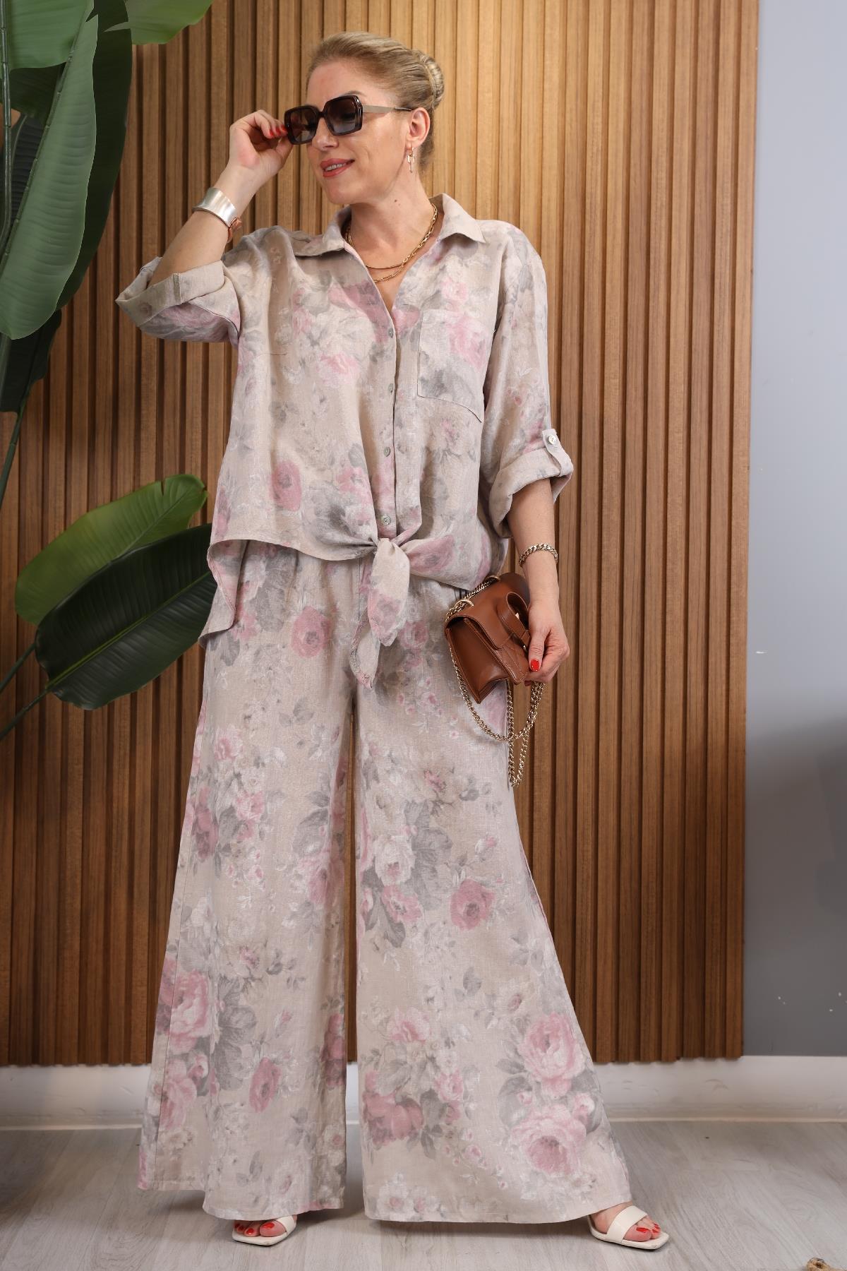 İthal Keten Gül Desen Bağlamalı Bej Takım