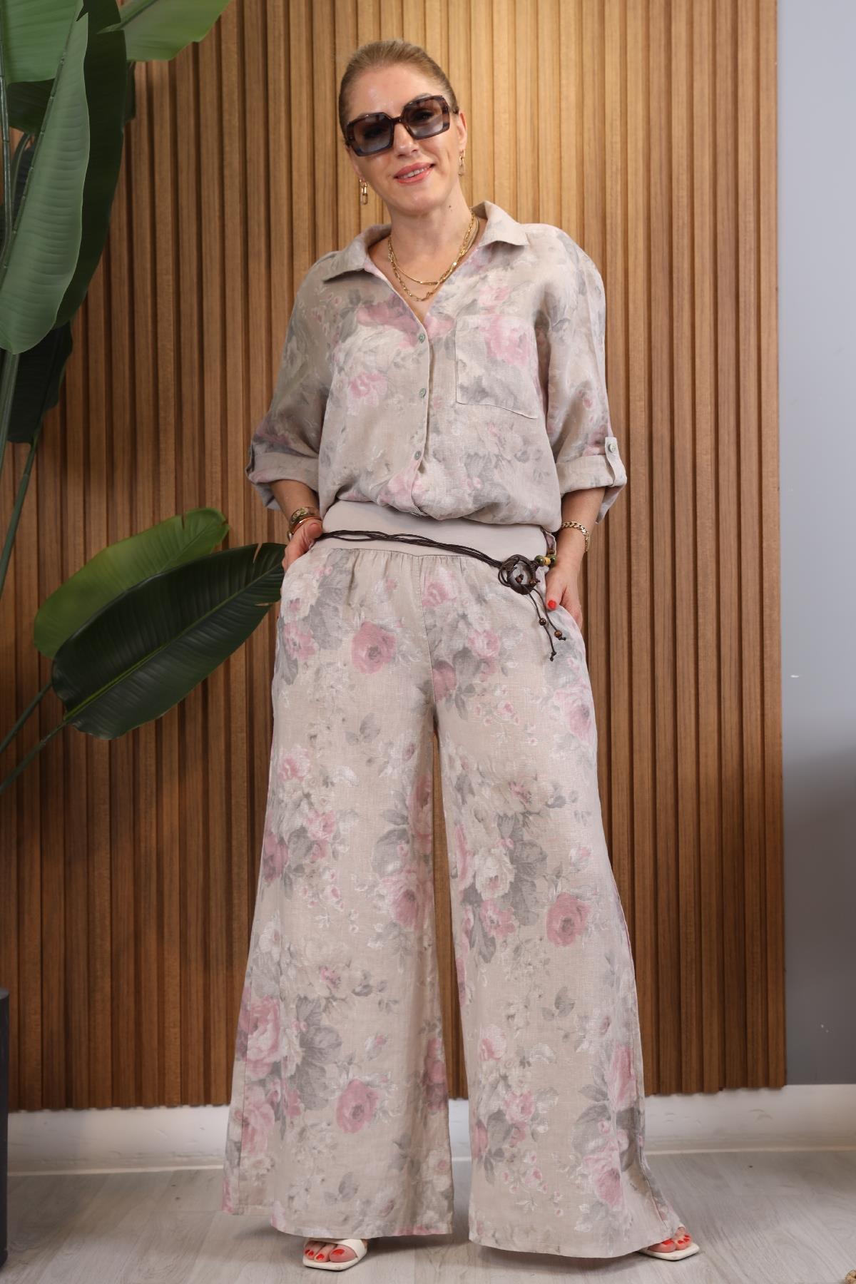 İthal Keten Gül Desen Bağlamalı Bej Takım