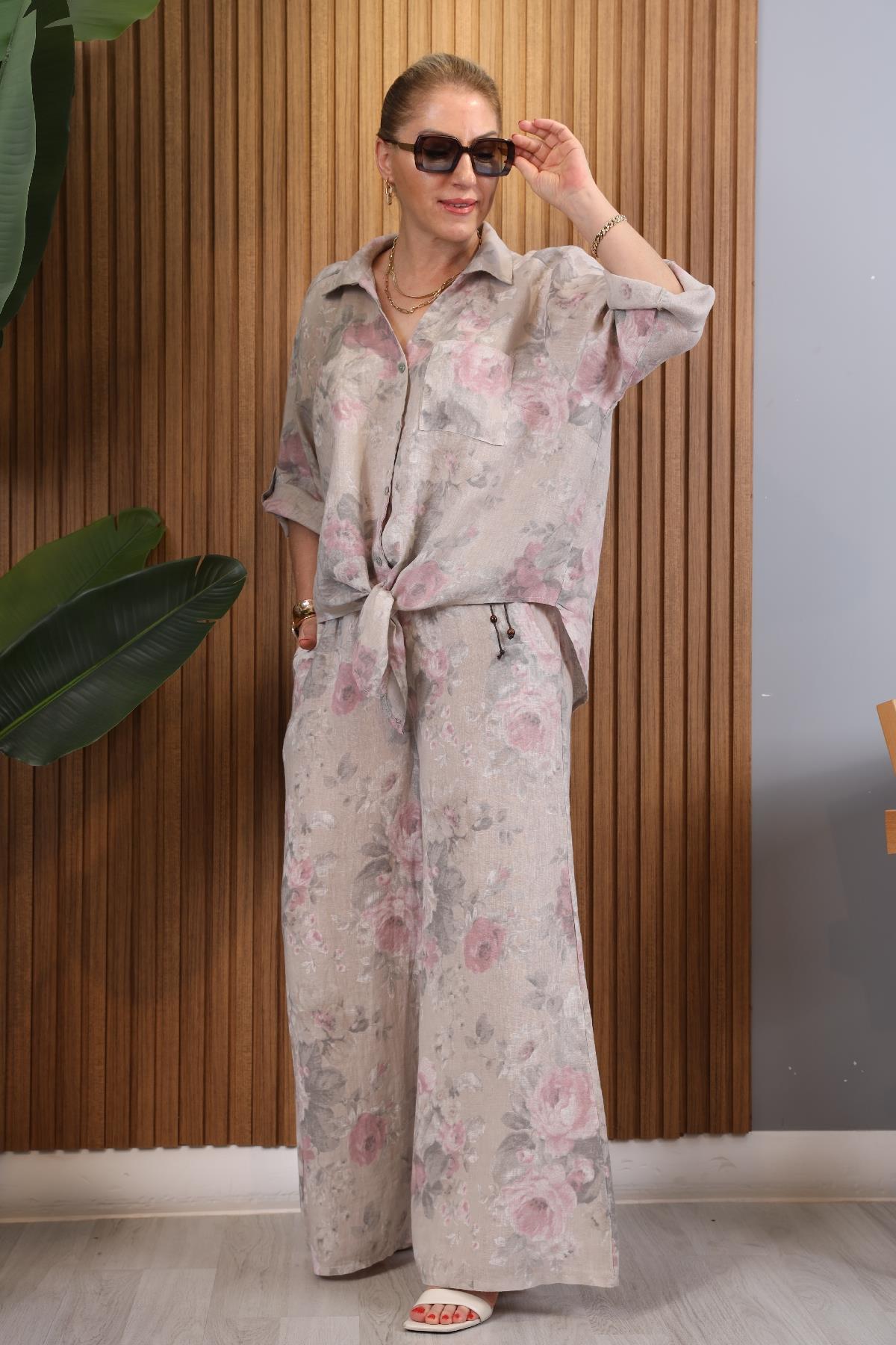 İthal Keten Gül Desen Bağlamalı Bej Takım