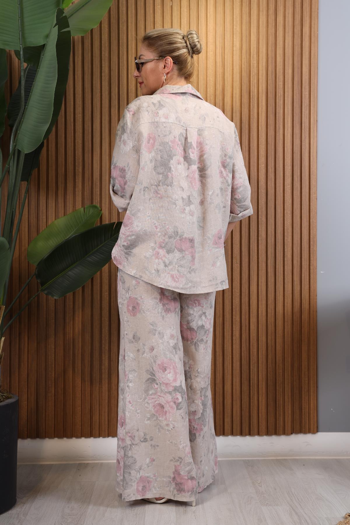 İthal Keten Gül Desen Bağlamalı Bej Takım