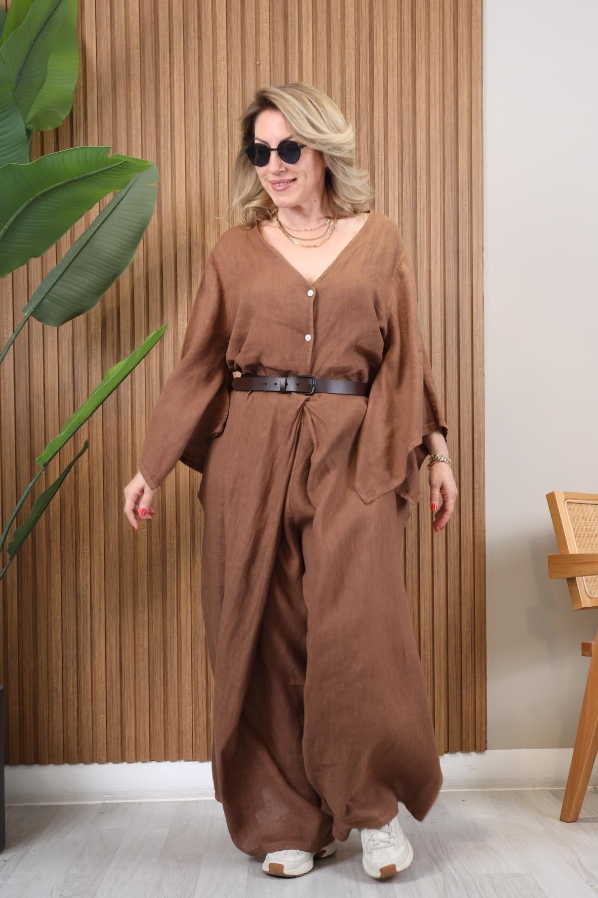 İthal Keten Kahve Tulum