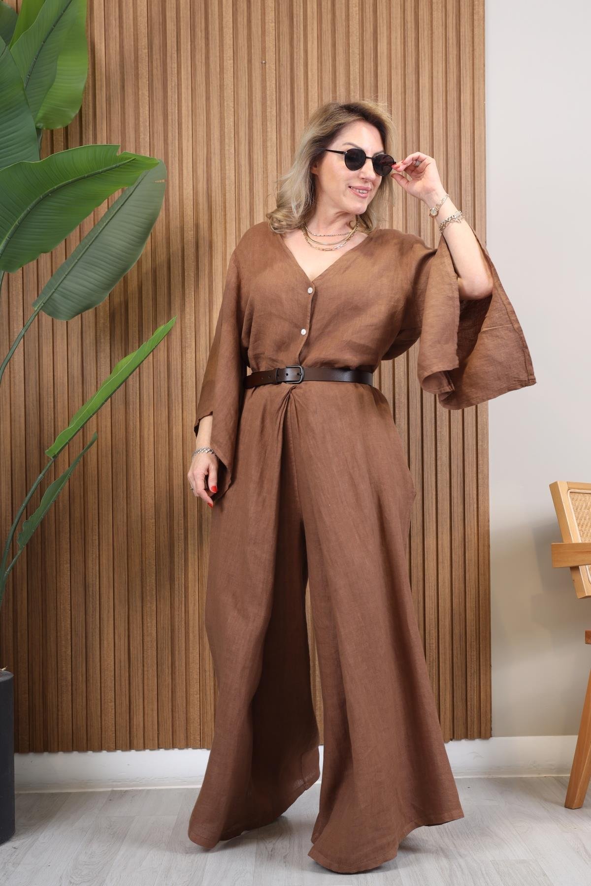 İthal Keten Kahve Tulum