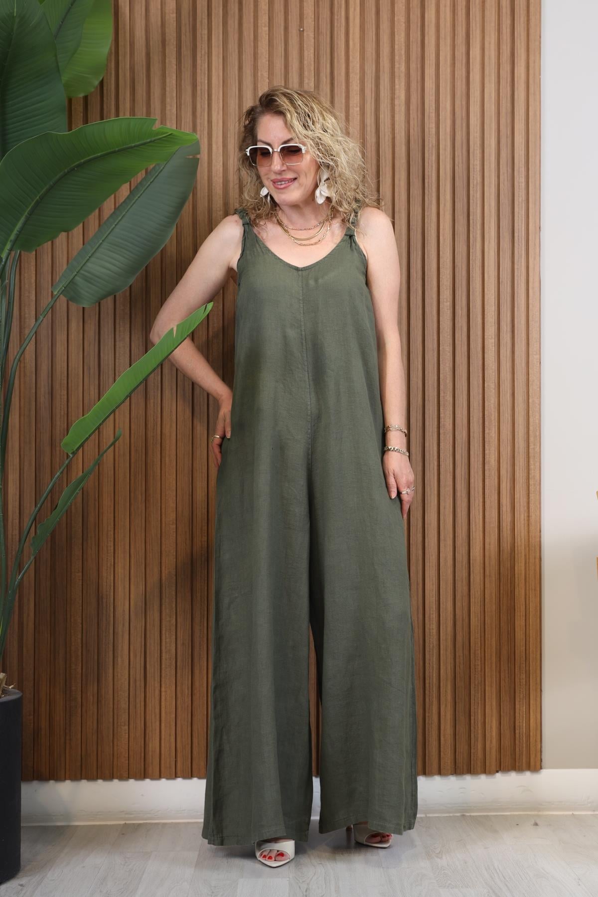 İthal Keten Kap Detay Haki Tulum