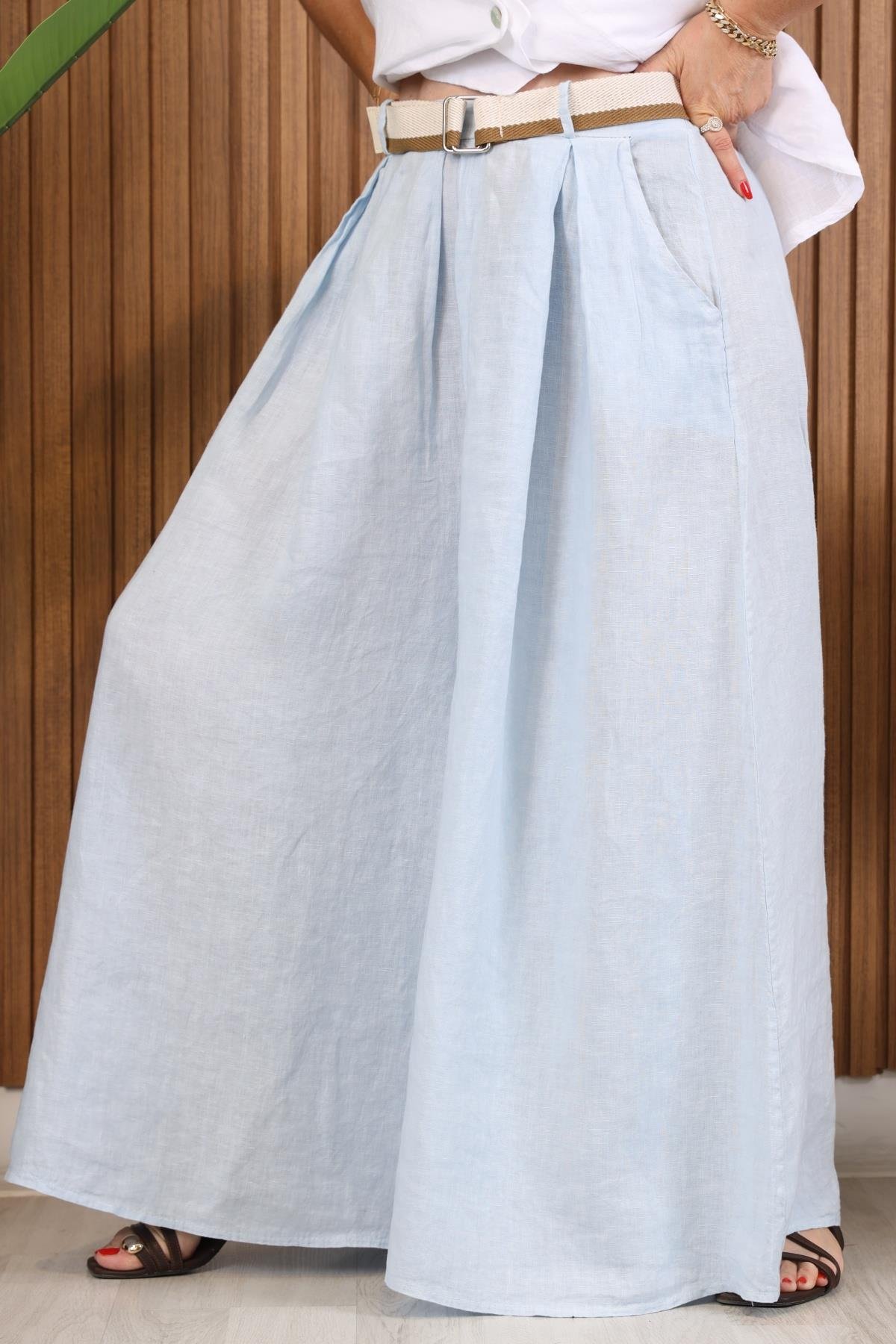 İthal Keten Kemer Detay Bebe Mavi Pantolon