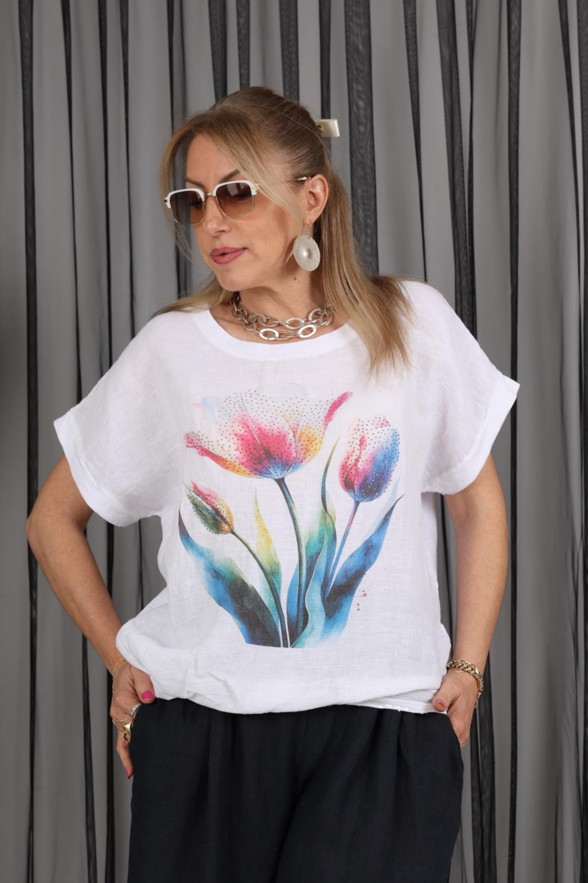İthal Keten Mavi Gelincik Desen Beyaz Bluz