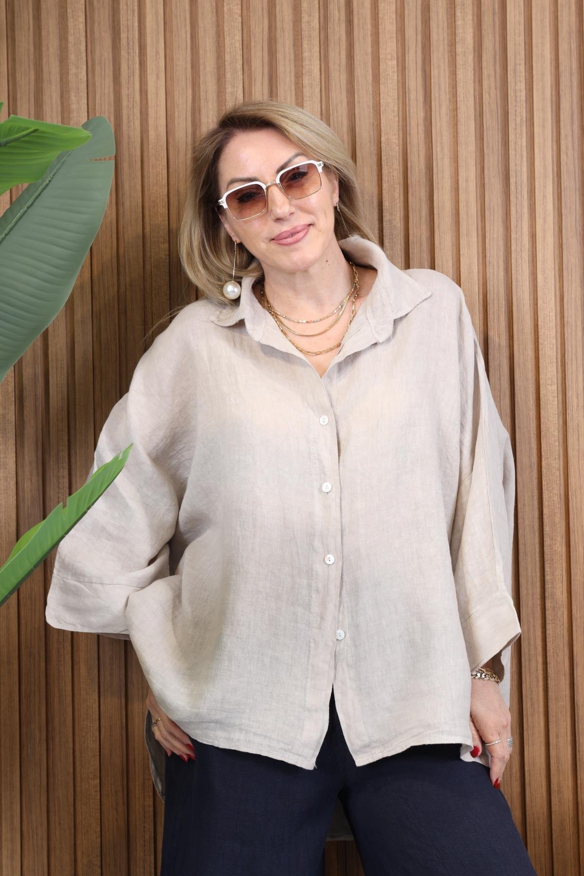 İthal Keten Oversize Taş Rengi Gömlek