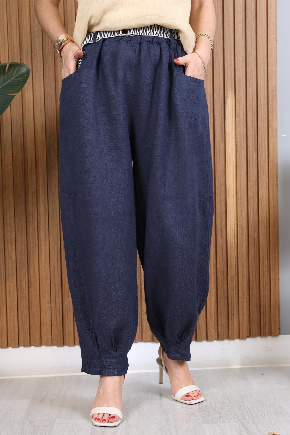 İthal Keten Şalvar Model Lacivert Pantolon