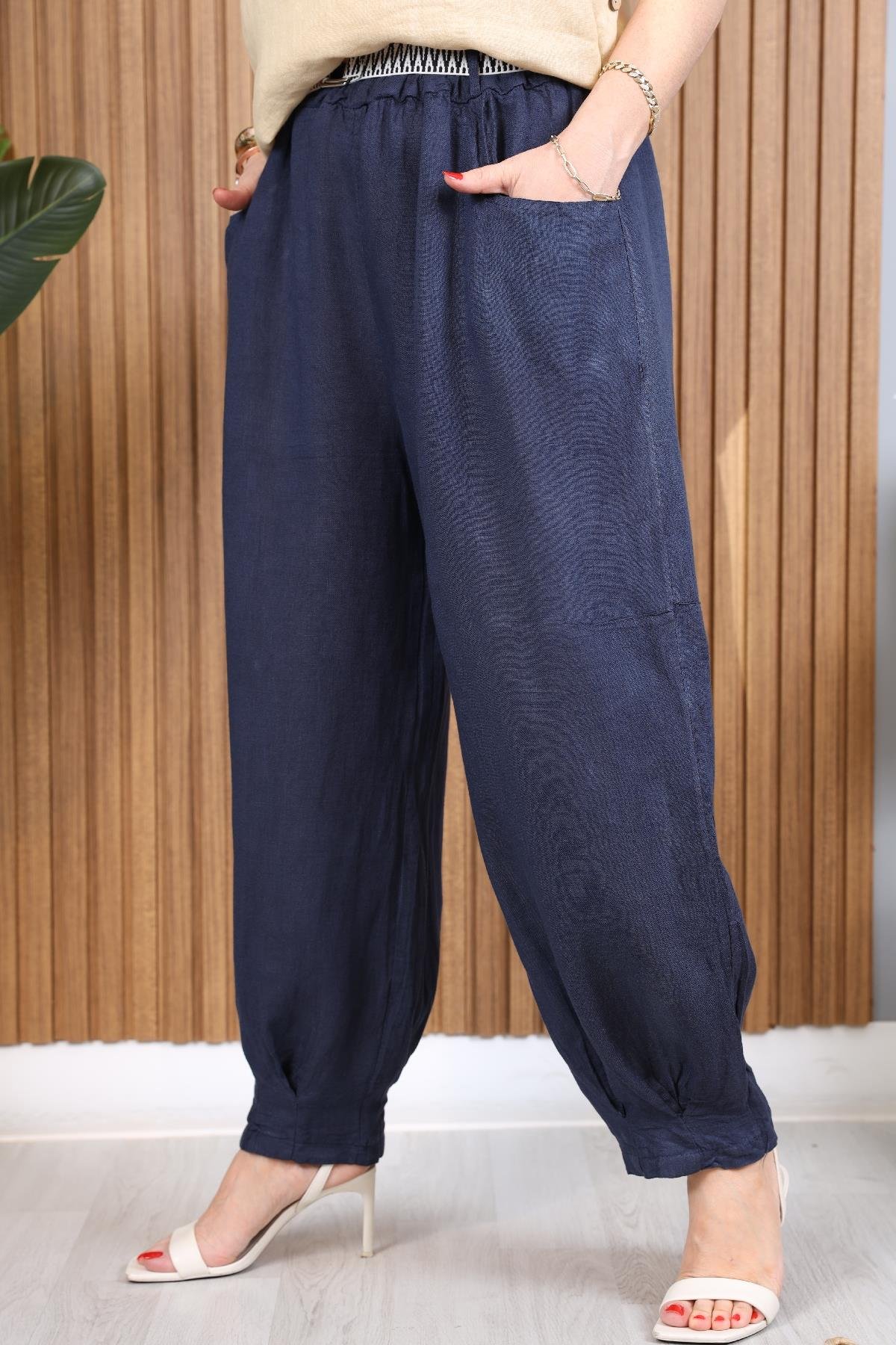 İthal Keten Şalvar Model Lacivert Pantolon