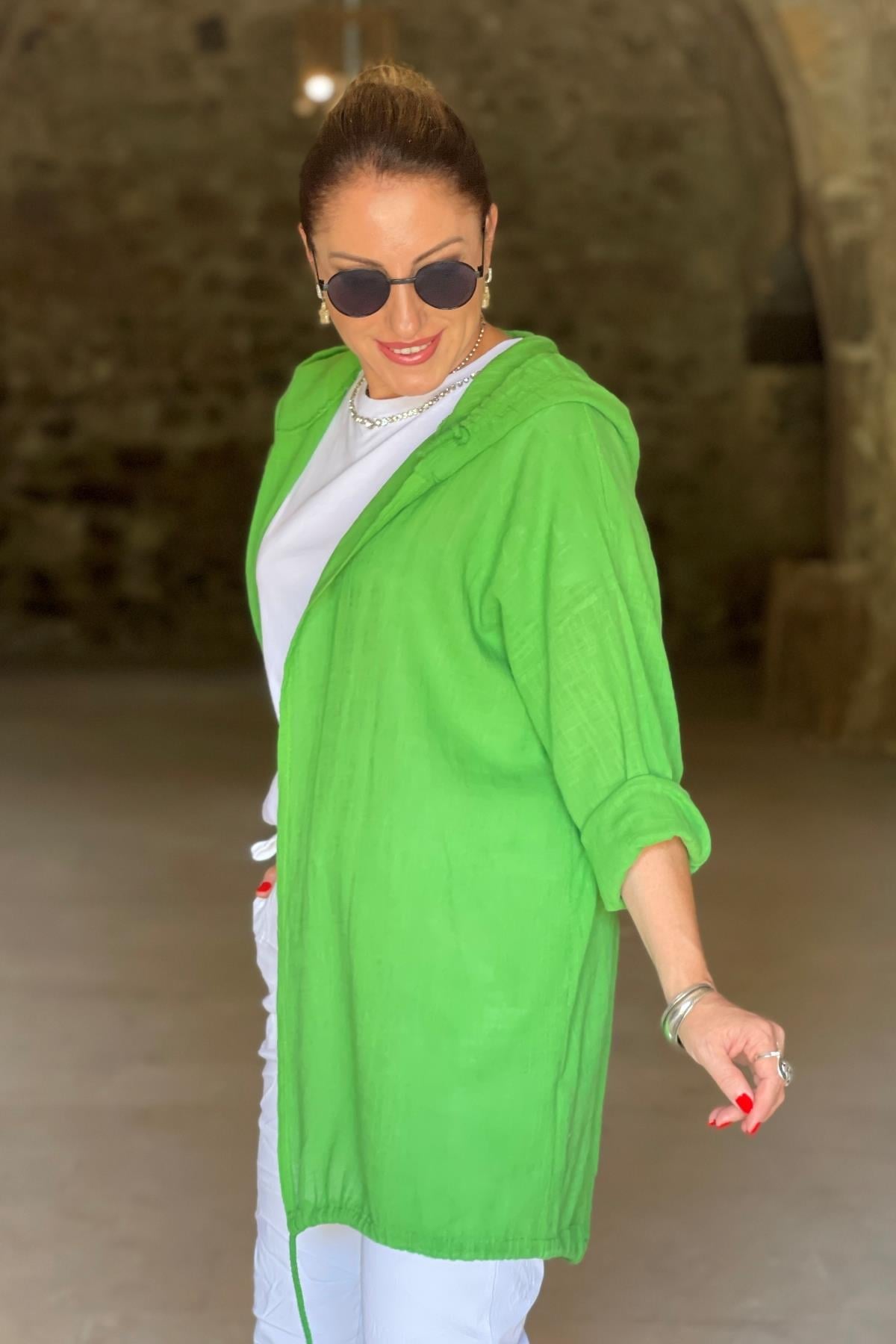 İthal Keten Yeşil Renk Trençkot
