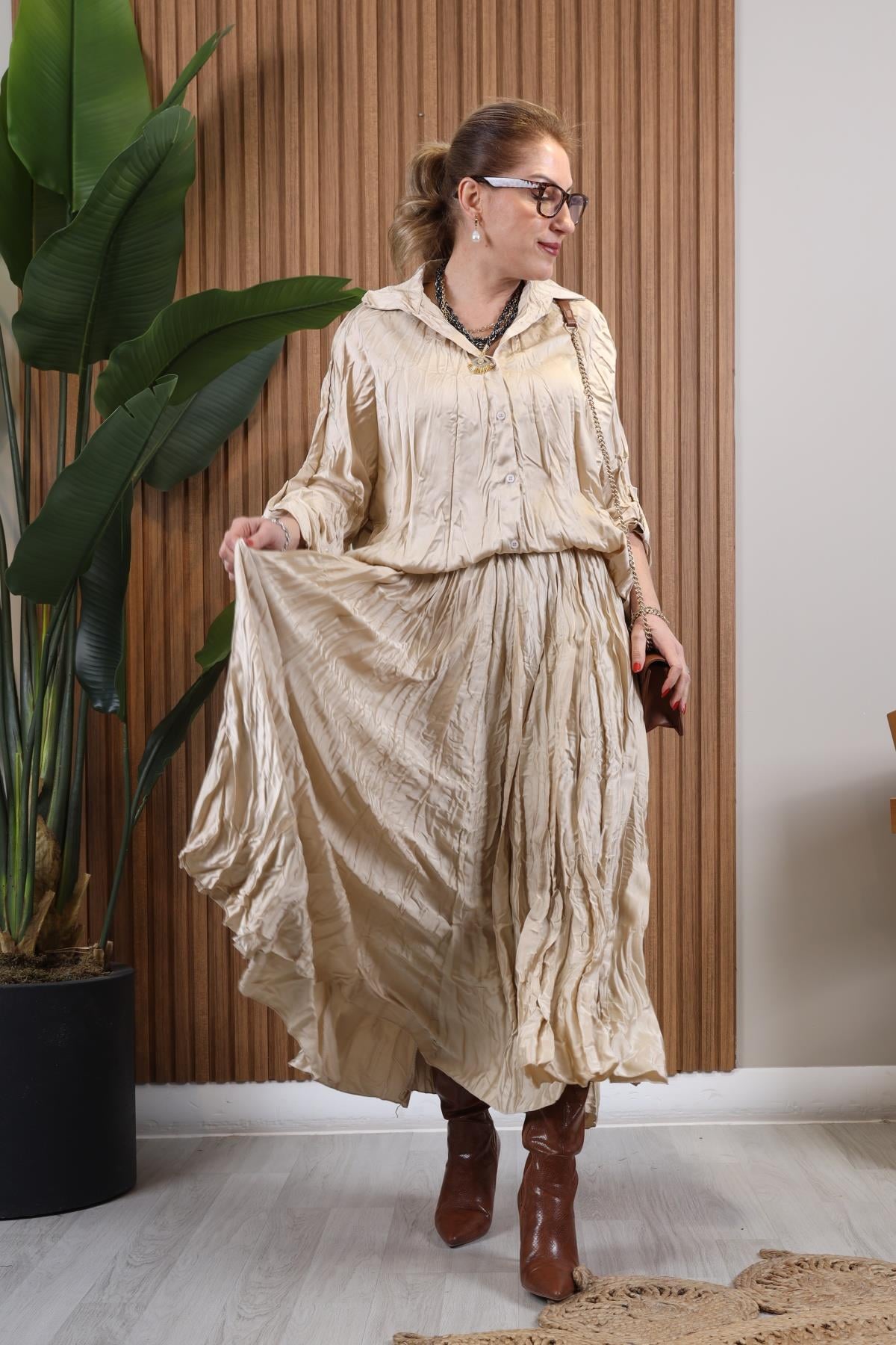 İthal Kırışık Model Bej Takım