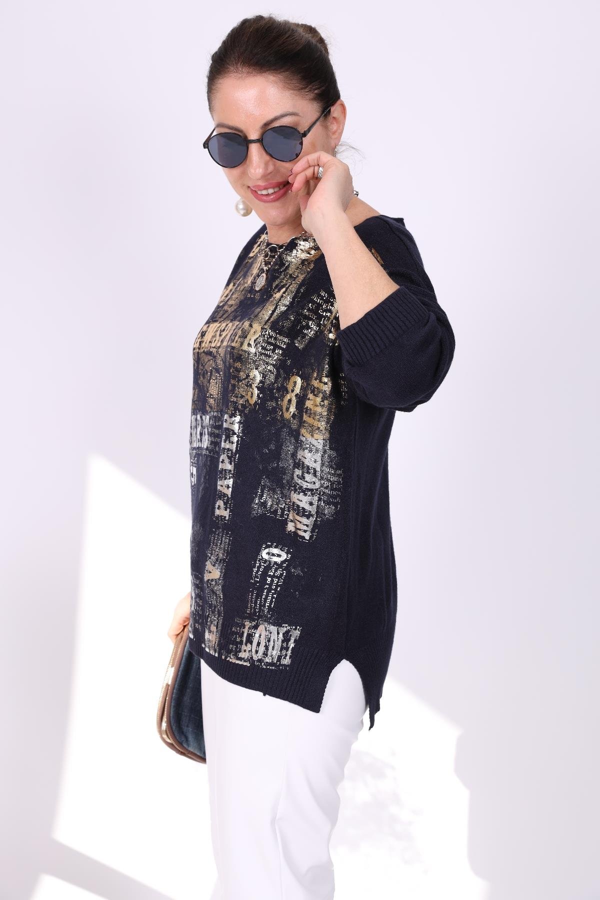 İthal Lacivert Lab Baskı Bluz