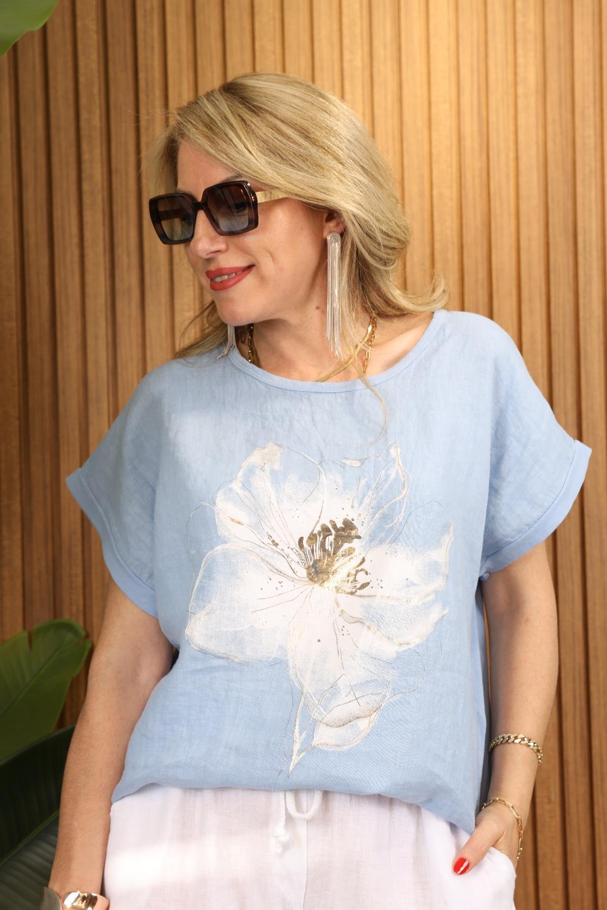 İthal Lak Baskı Çiçek Desen İndigo T-shirt