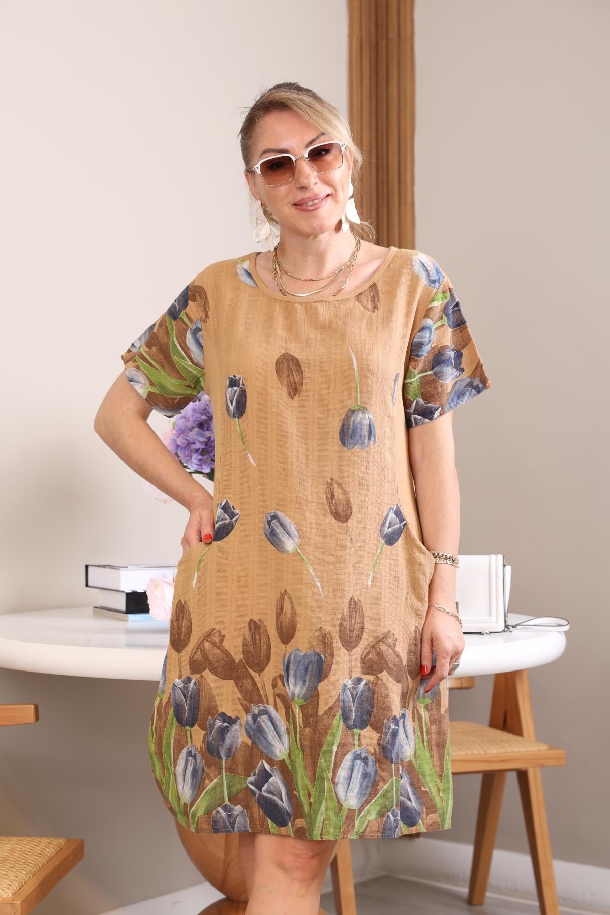 İthal Lale Desen Cappuccıno Elbise