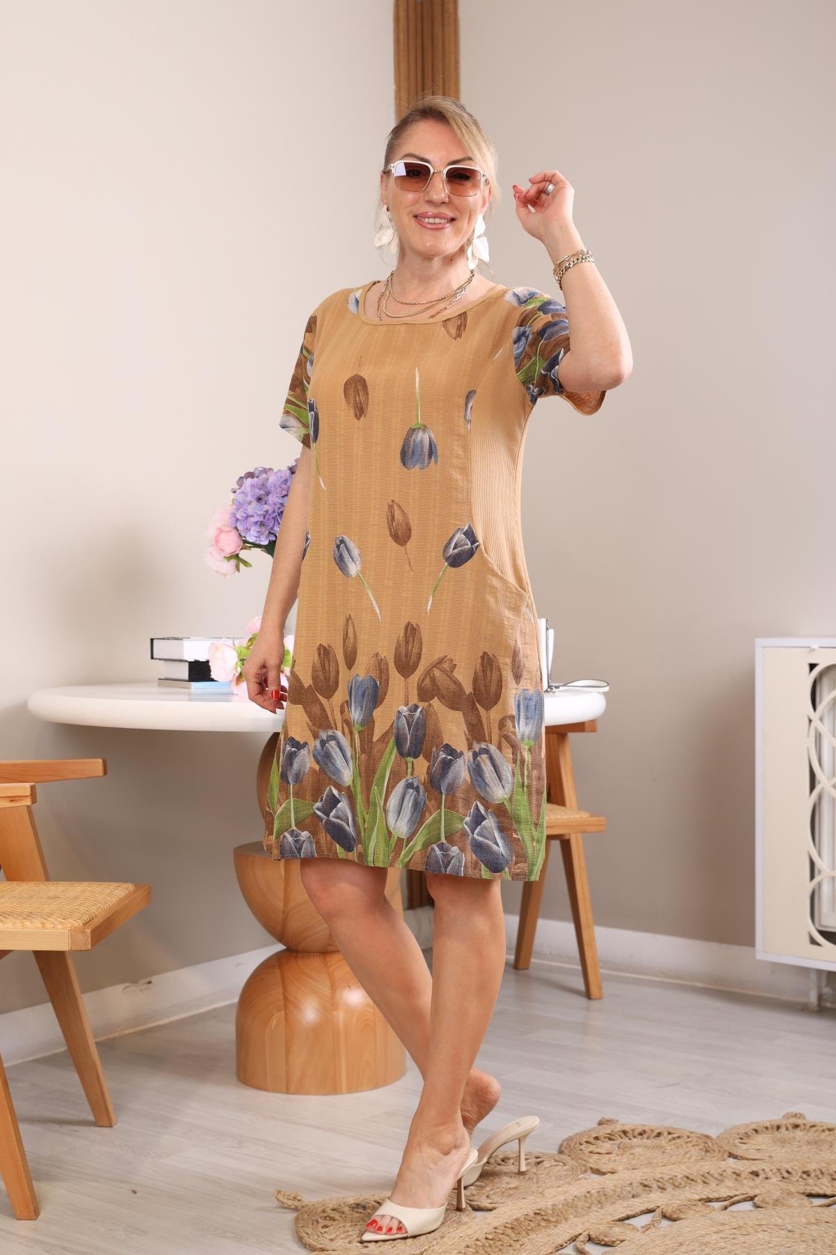 İthal Lale Desen Cappuccıno Elbise
