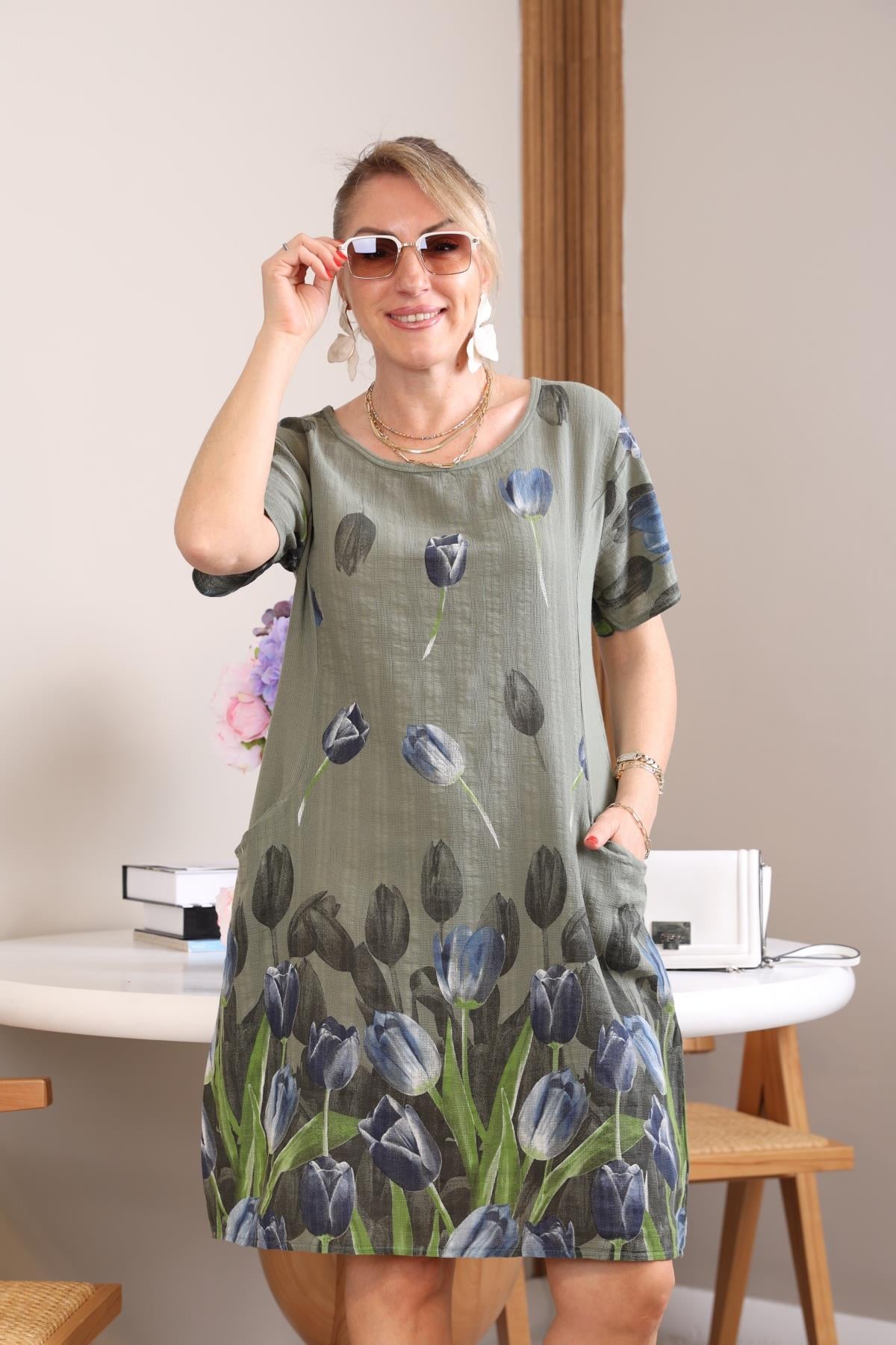 İthal Lale Desen Haki Elbise