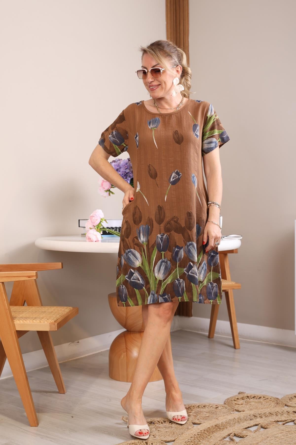 İthal Lale Desen Tarçın Elbise