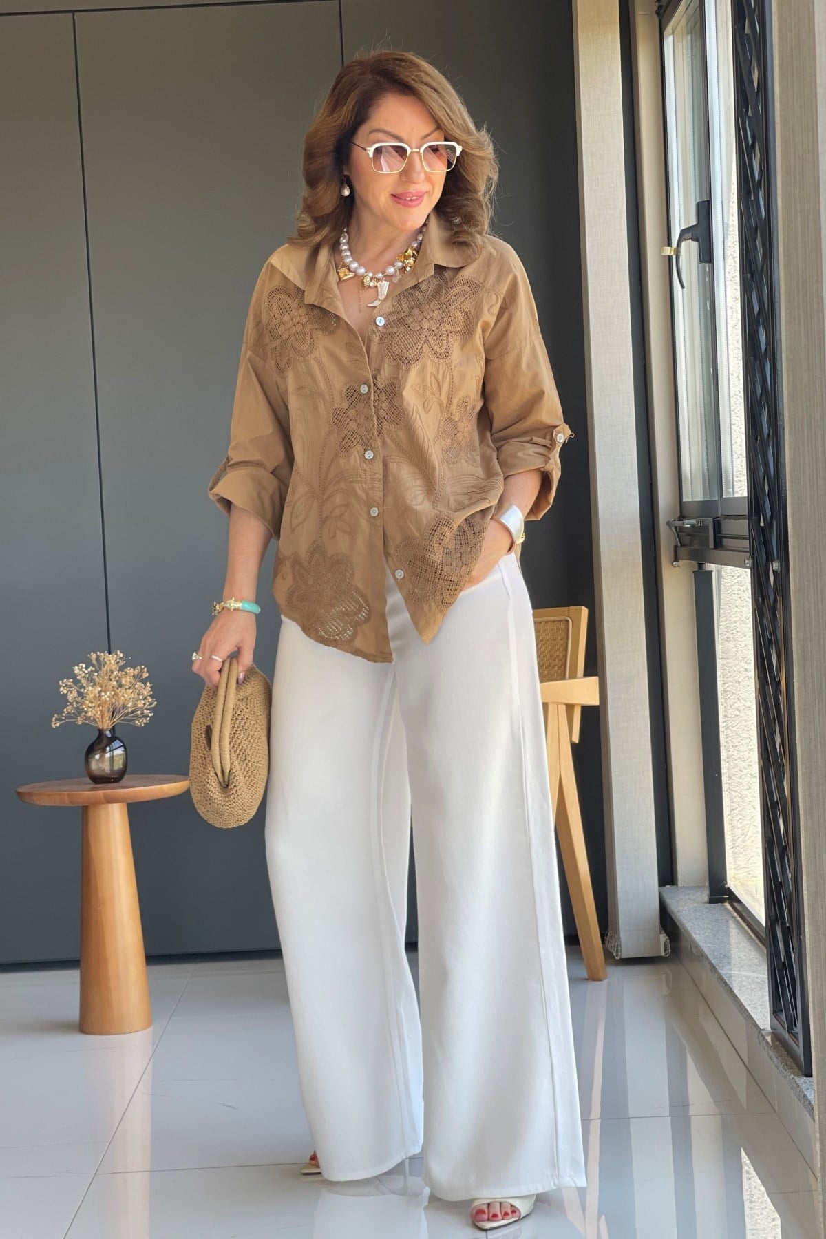 İthal Manolya Desen Cappuccıno Gömlek