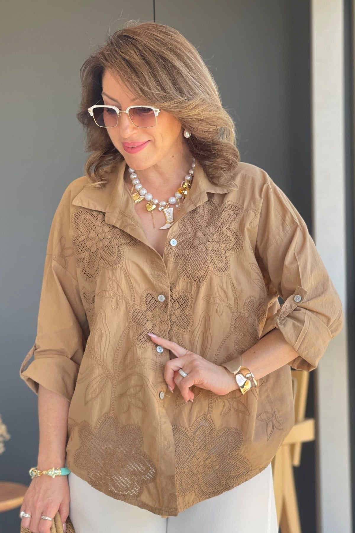 İthal Manolya Desen Cappuccıno Gömlek